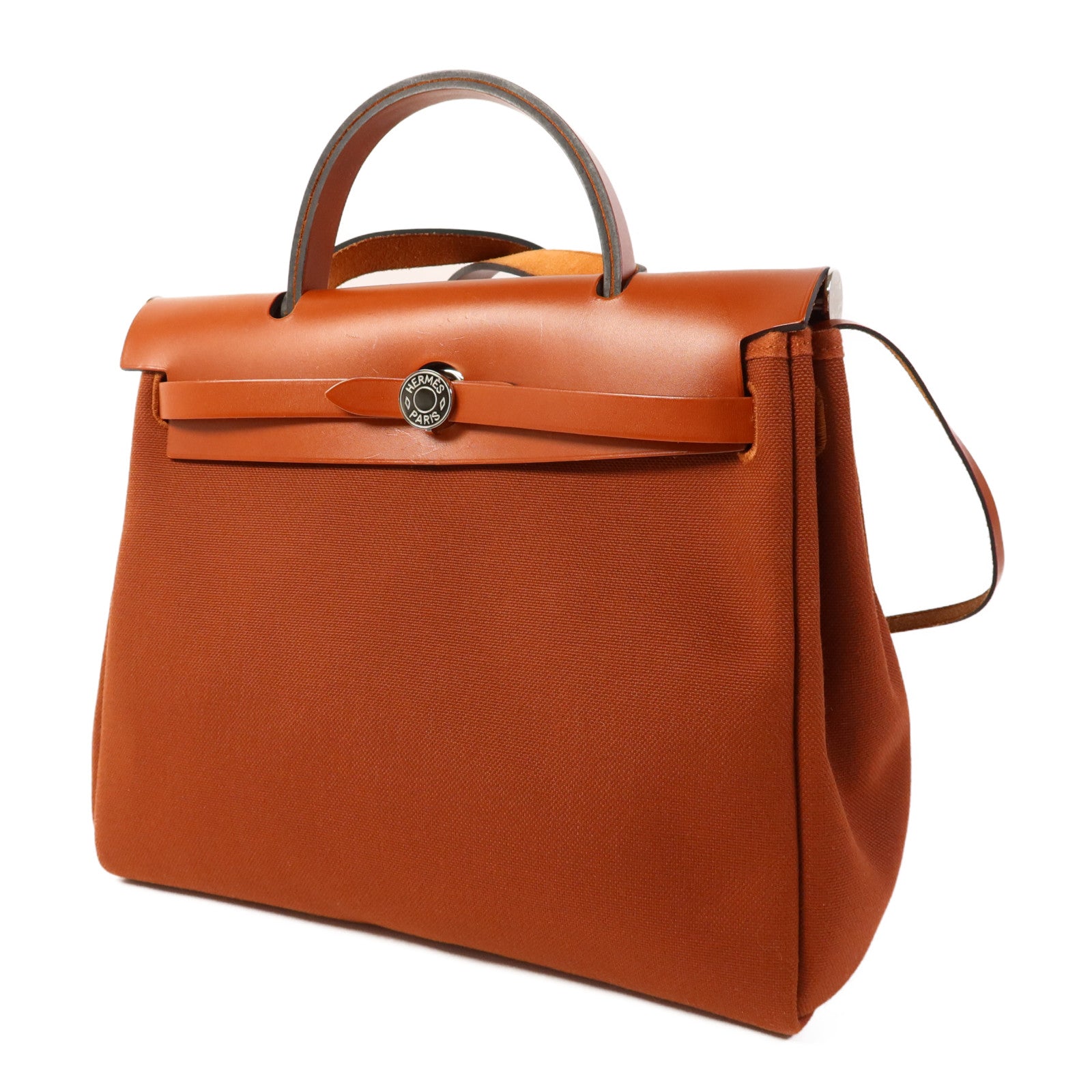 HERMES 帆布Herbag PM銀扣手挽肩背兩用袋Brique