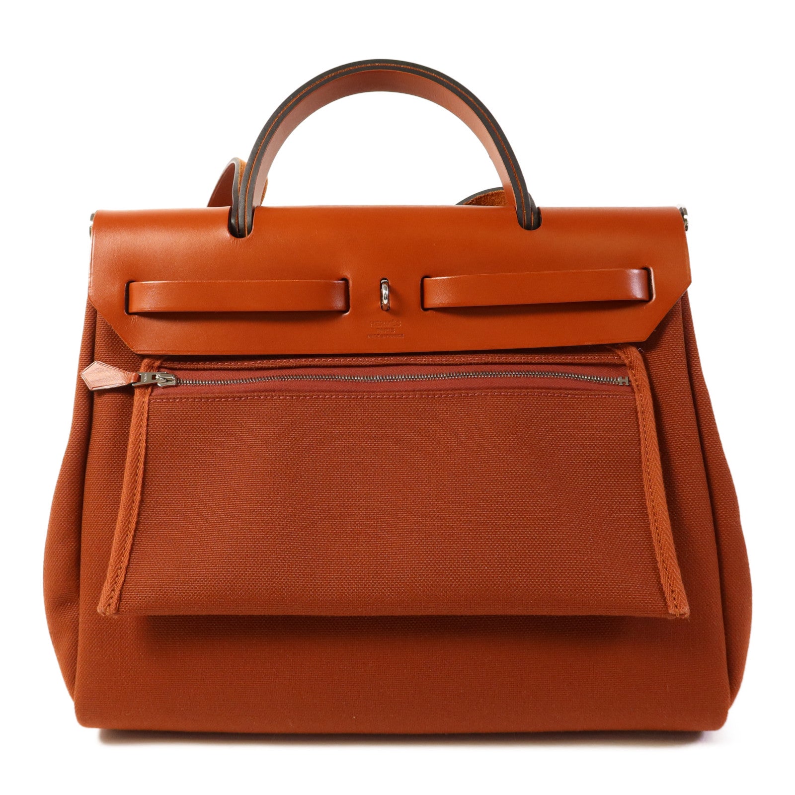 HERMES 帆布Herbag PM銀扣手挽肩背兩用袋Brique