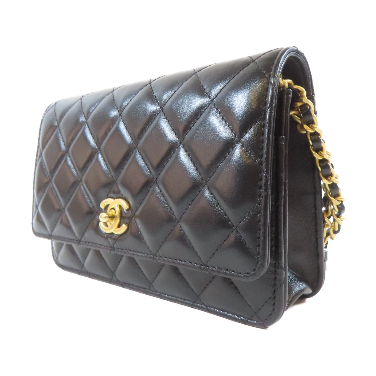 CHANEL 菱格羊皮皮革Wallet On Chain金扣鏈帶肩背袋黑色