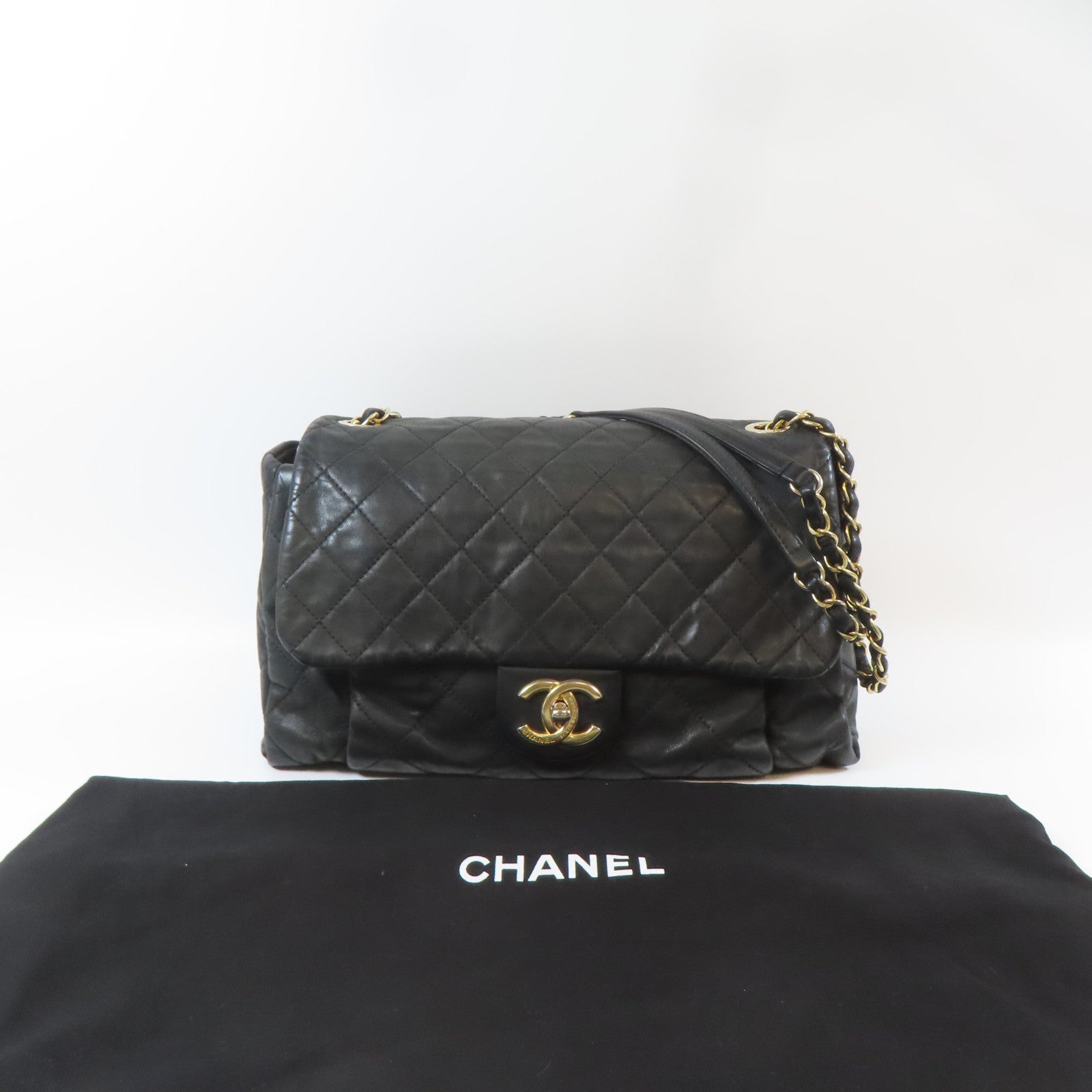 CHANEL 菱格牛皮皮革Chain Shoulder Bag金扣鏈帶肩背袋黑色