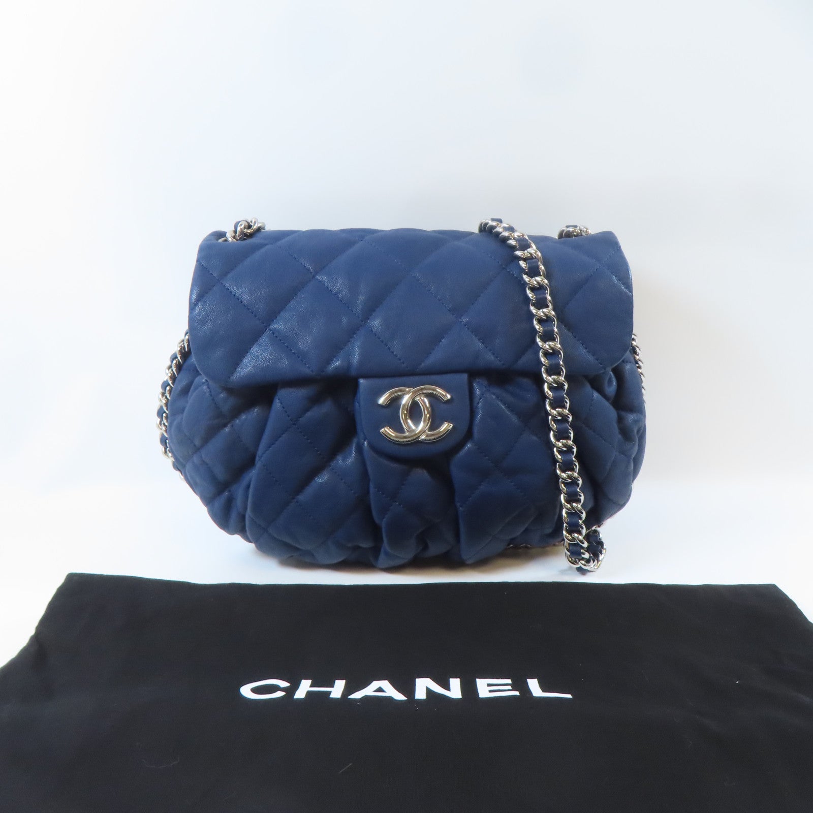 CHANEL 菱格牛皮皮革Chain Shoulder銀扣鏈帶肩背袋藍色