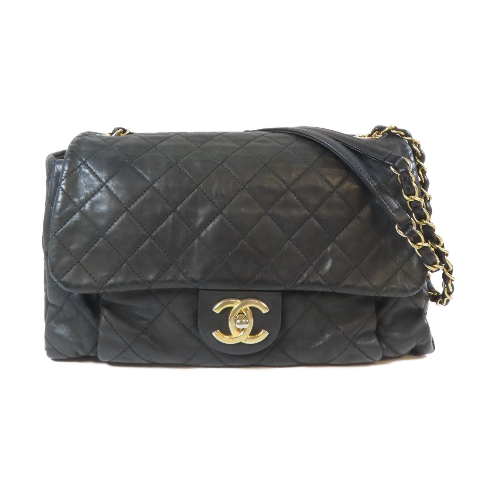 CHANEL 菱格牛皮皮革Chain Shoulder Bag金扣鏈帶肩背袋黑色