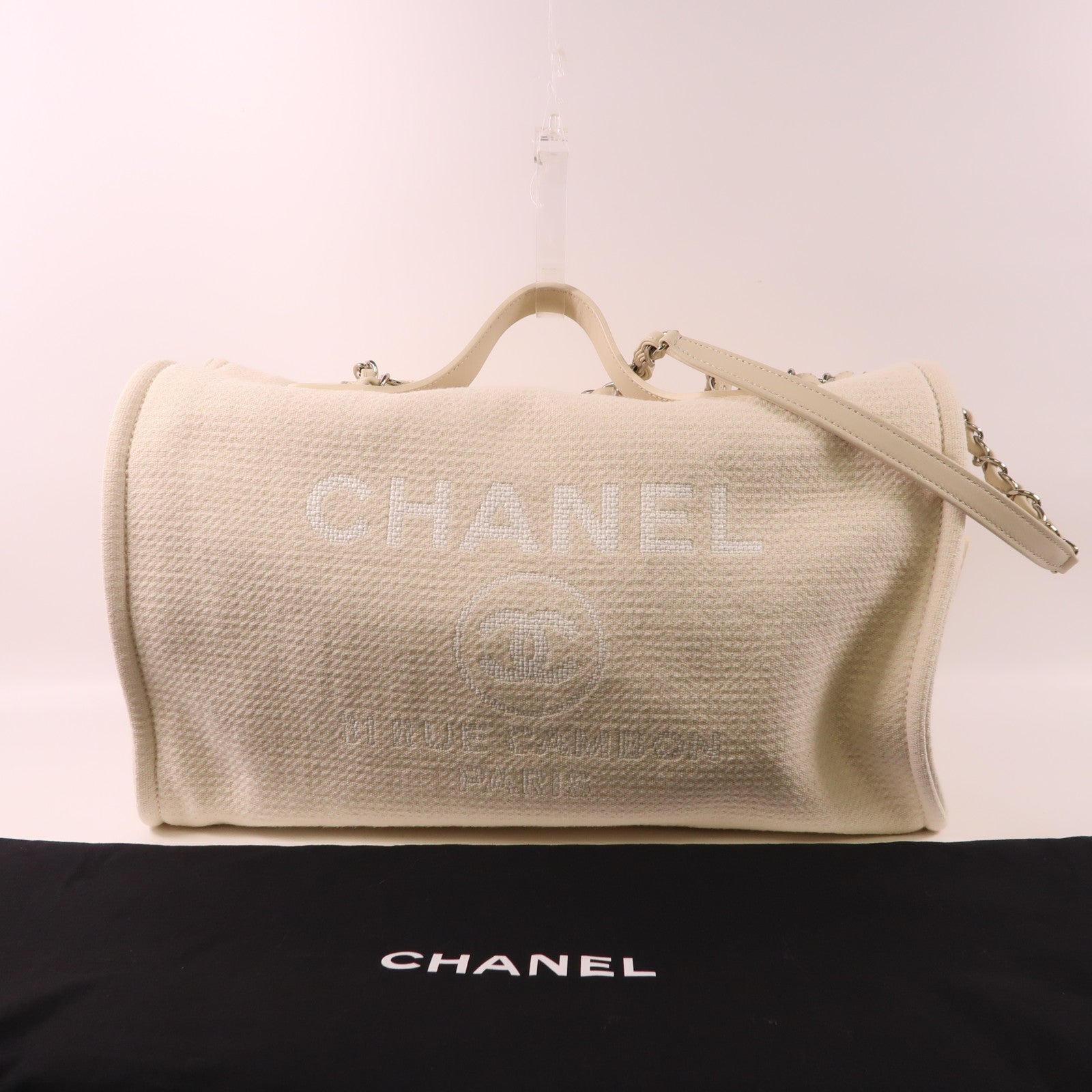 CHANEL 帆布Deauville Tote Bag銀扣手挽肩背兩用袋