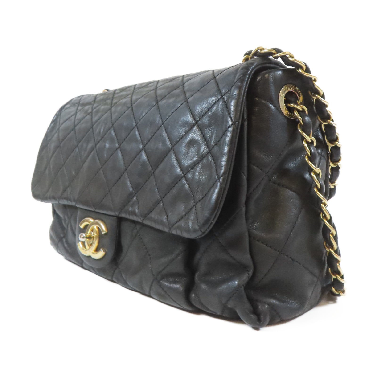 CHANEL 菱格牛皮皮革Chain Shoulder Bag金扣鏈帶肩背袋黑色