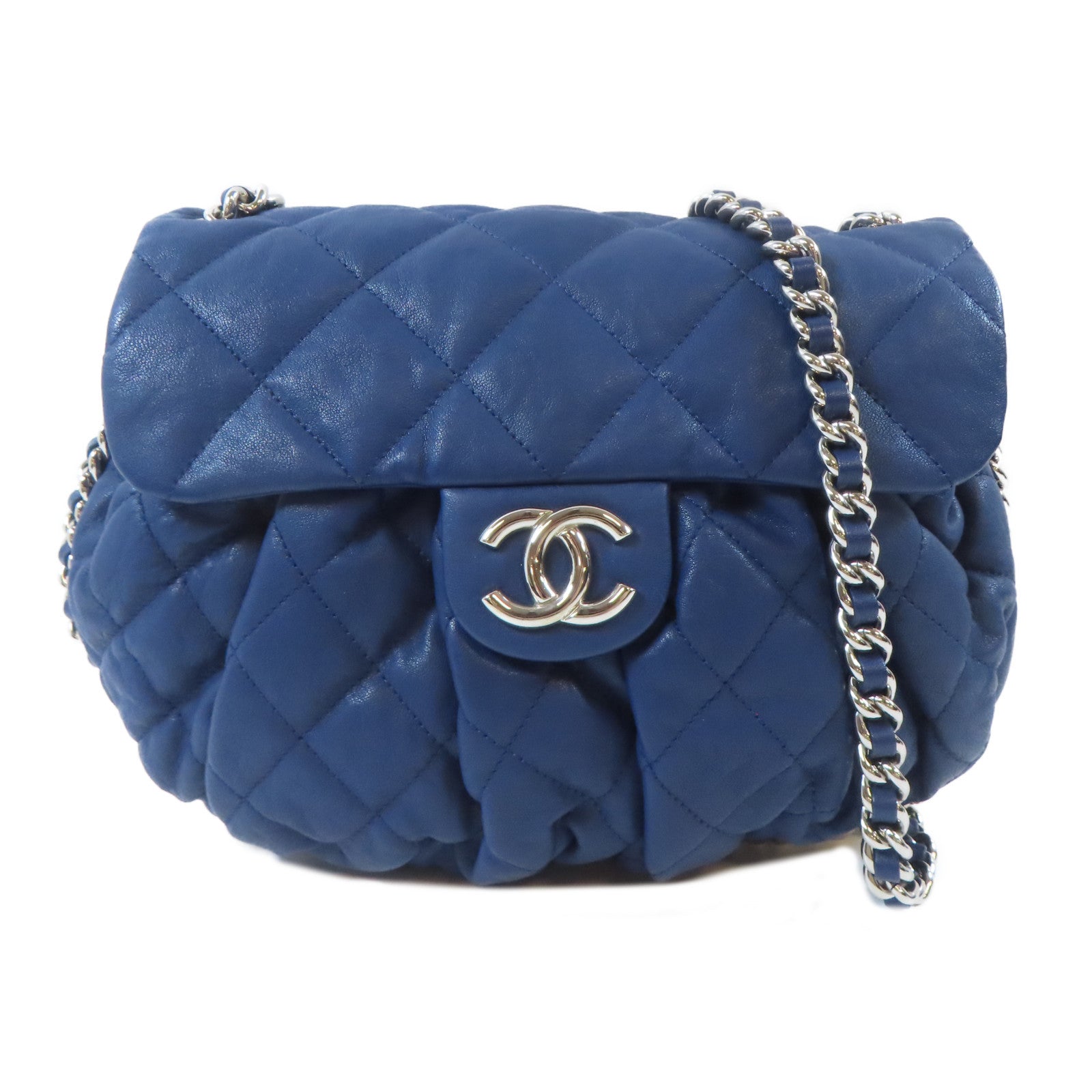 CHANEL 菱格牛皮皮革Chain Shoulder銀扣鏈帶肩背袋藍色