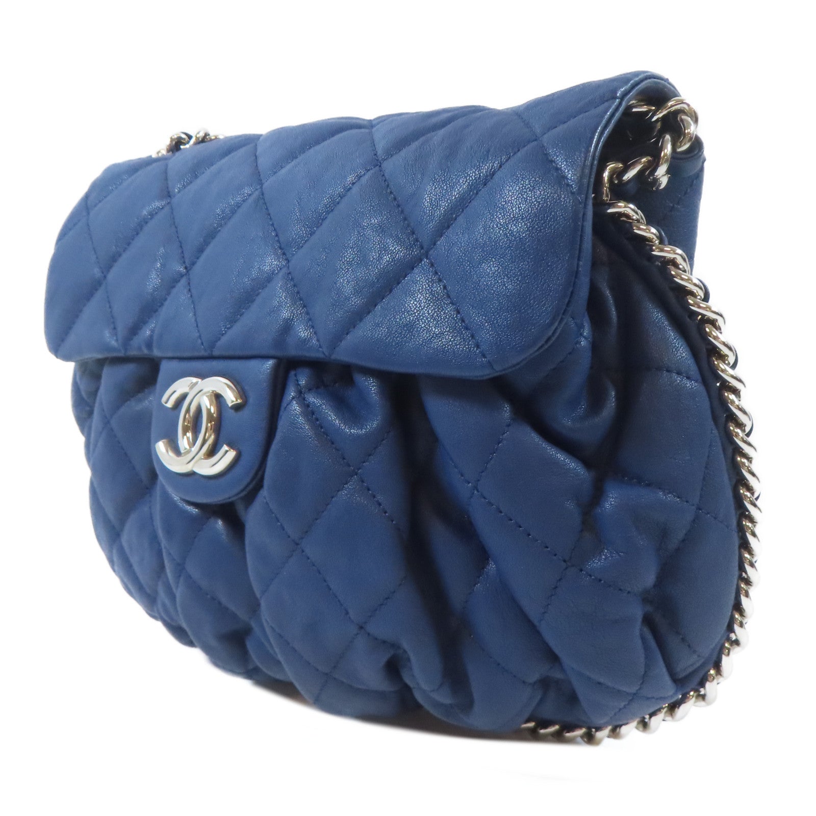 CHANEL 菱格牛皮皮革Chain Shoulder銀扣鏈帶肩背袋藍色