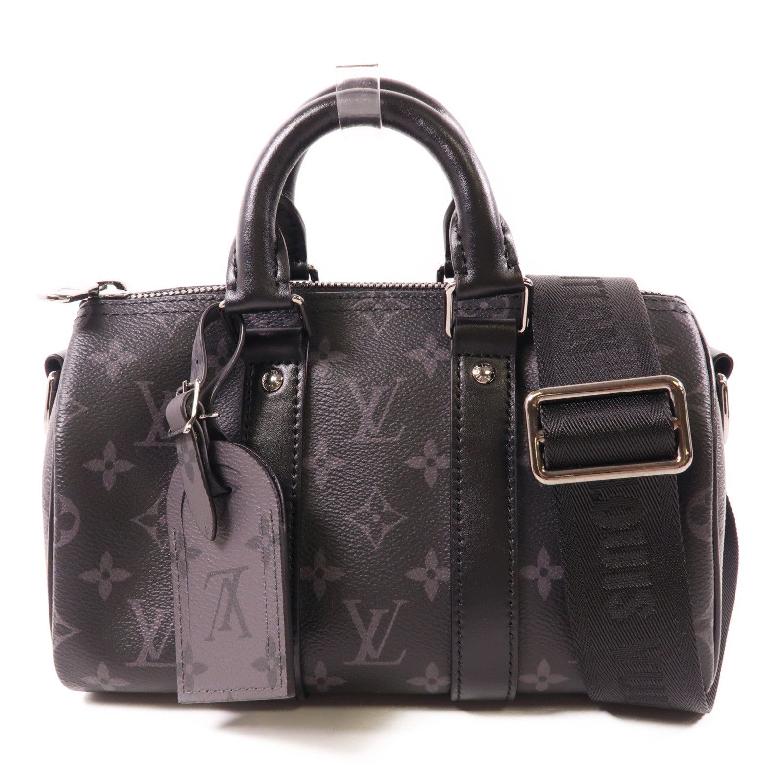 LOUIS VUITTON Monogram Eclipse Keepall Bandouliere 25銀扣手挽肩背兩用袋
