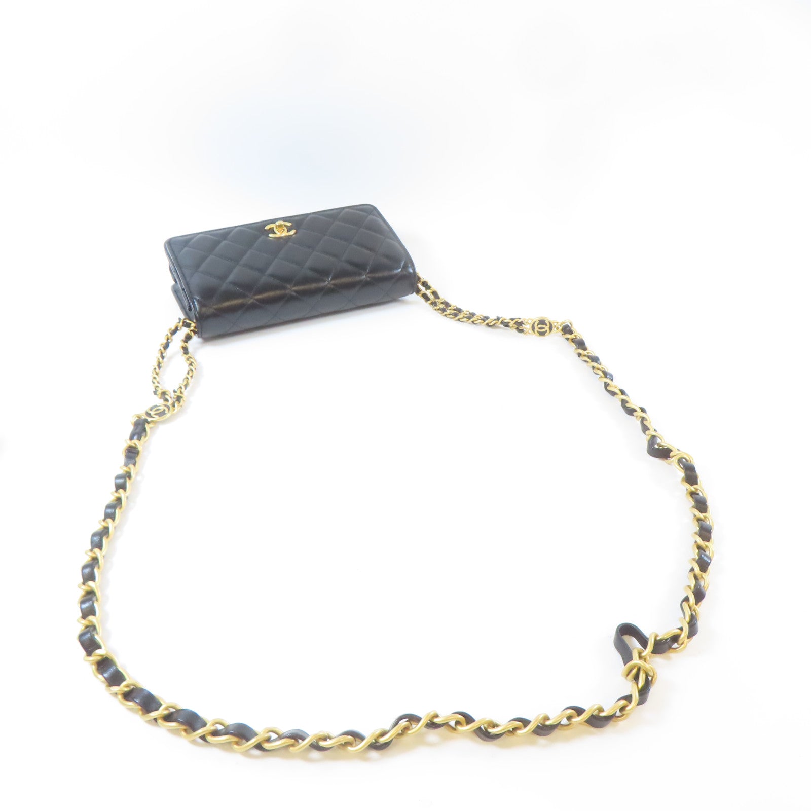 CHANEL 菱格羊皮皮革Wallet On Chain金扣鏈帶肩背袋黑色