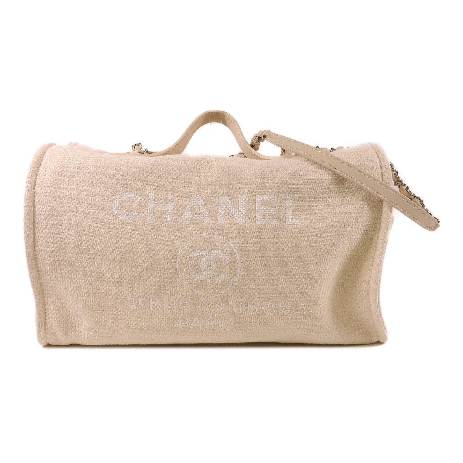 CHANEL 帆布Deauville Tote Bag銀扣手挽肩背兩用袋