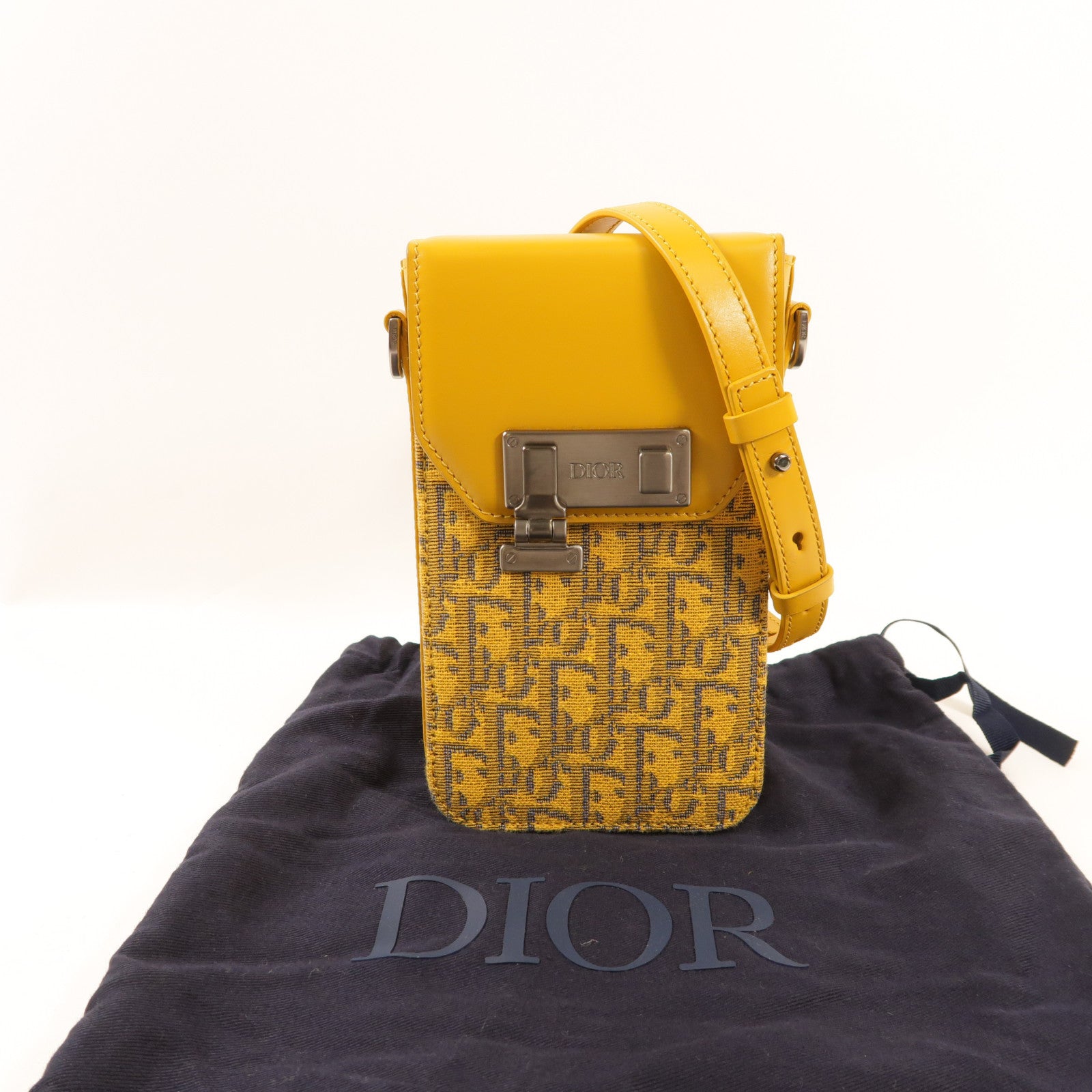 Dior 帆布/牛皮皮革Lock Phone Pouch銀扣肩背袋
