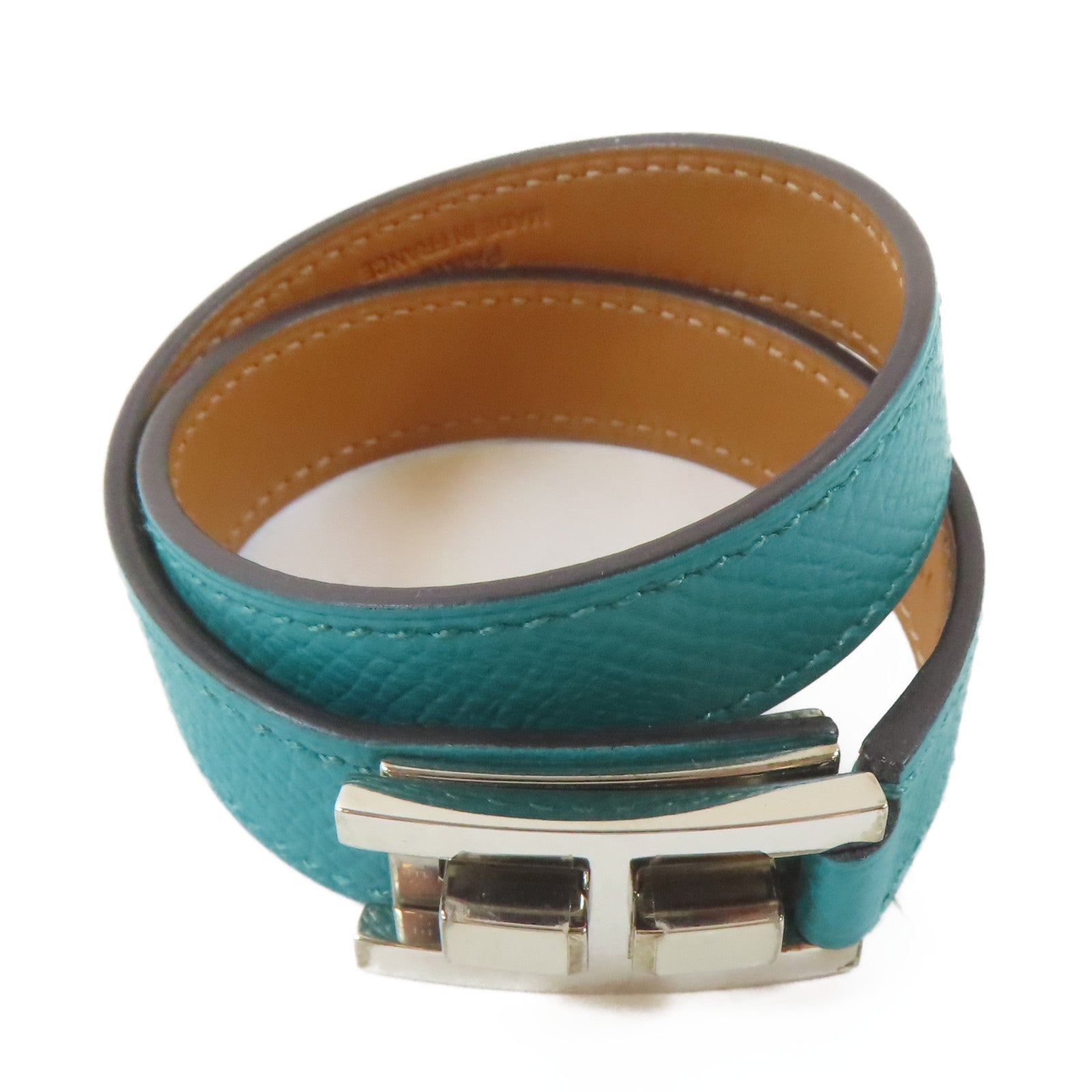 HERMES 【激減優惠】Epsom皮革Drag Double手鐲Bleu Paon/綠色