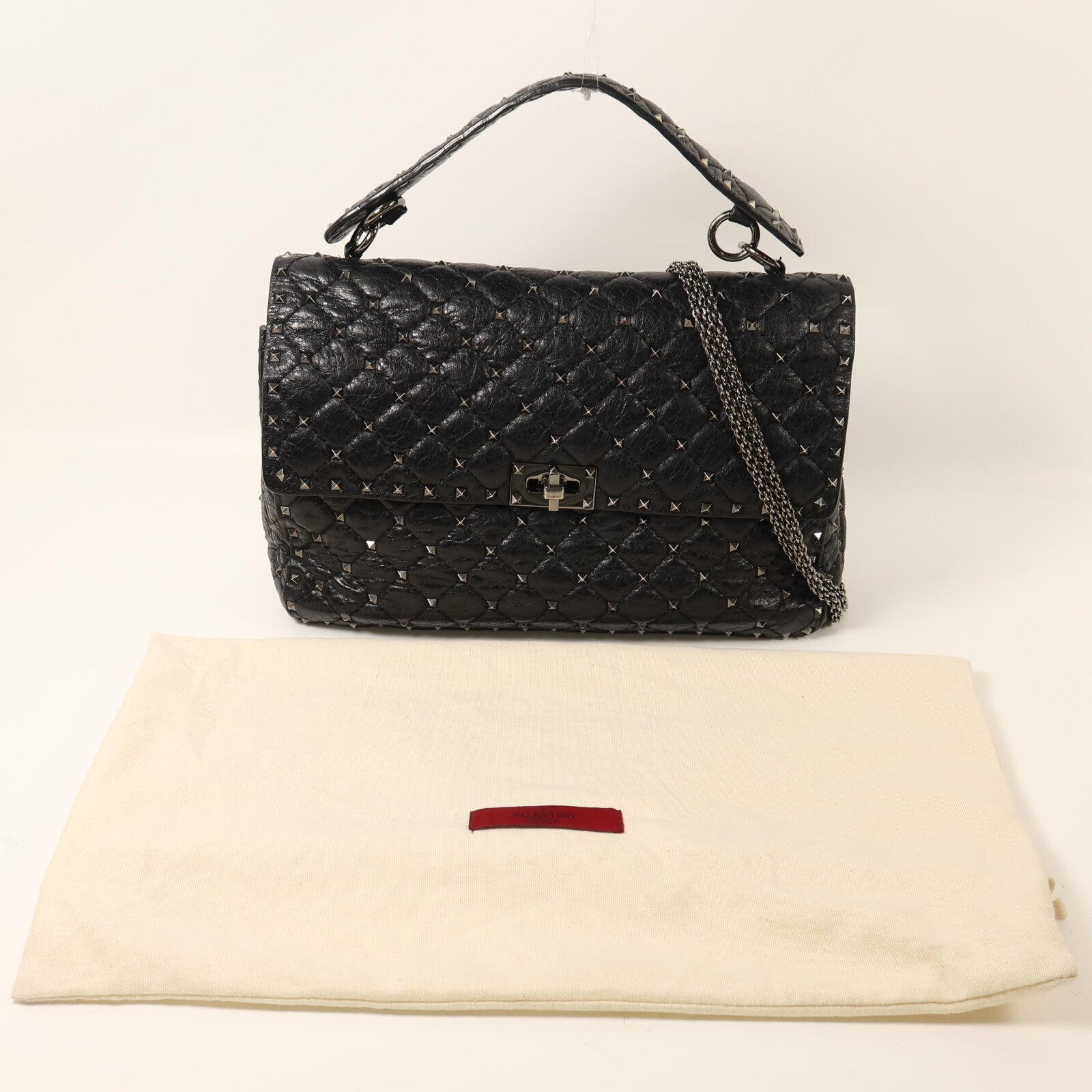 Valentino 牛皮皮革Rockstud Spike銀扣鏈帶手挽肩背兩用袋