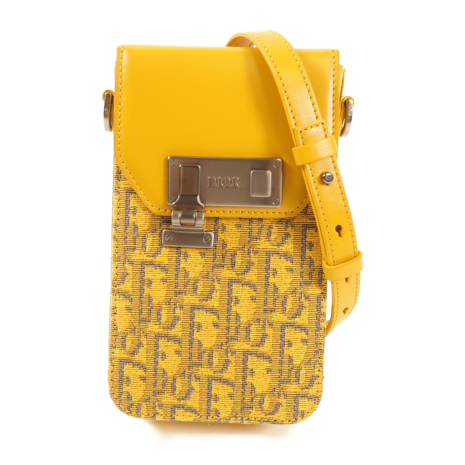 Dior 帆布/牛皮皮革Lock Phone Pouch銀扣肩背袋