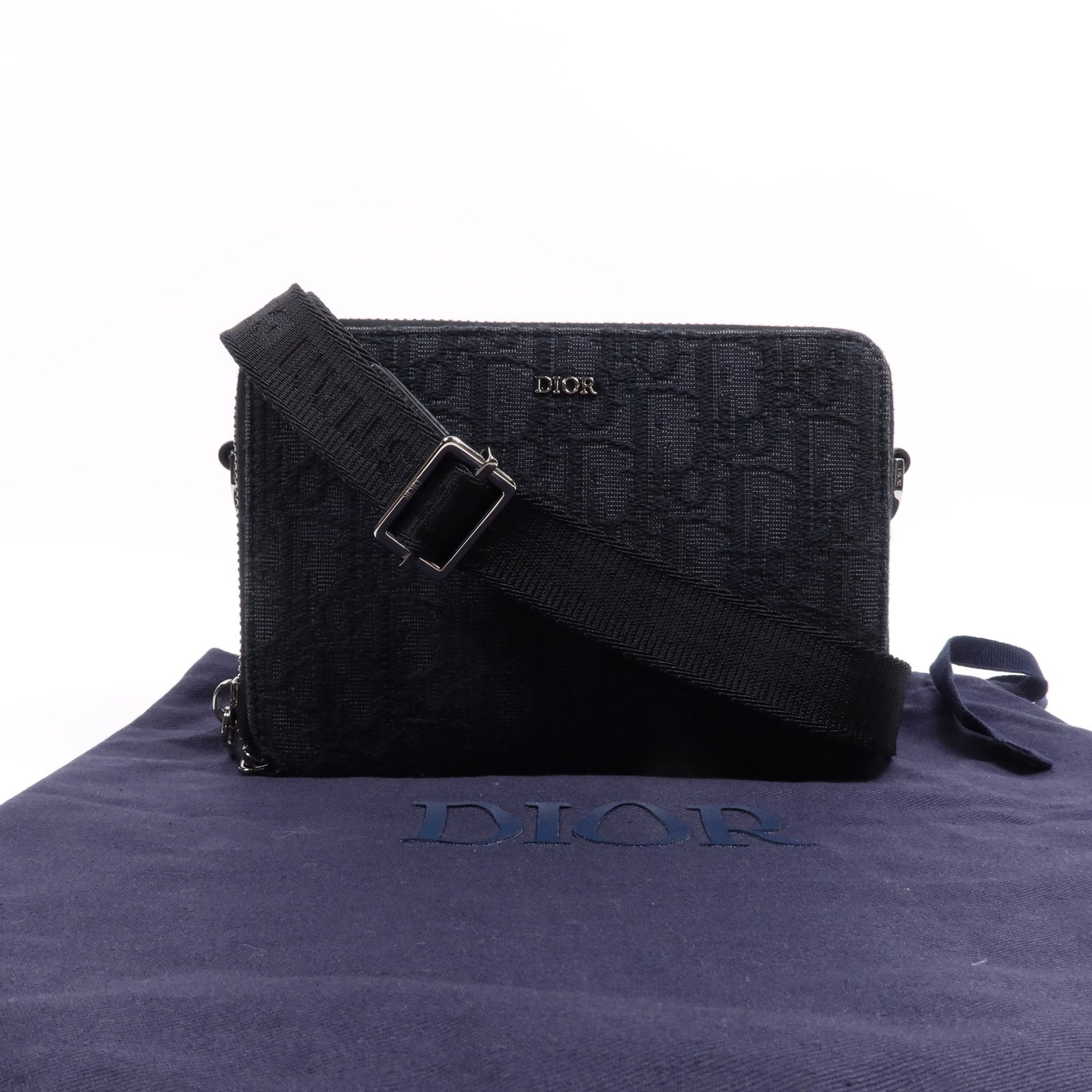 Dior 帆布Oblique Zipped Pouch銀扣肩背袋