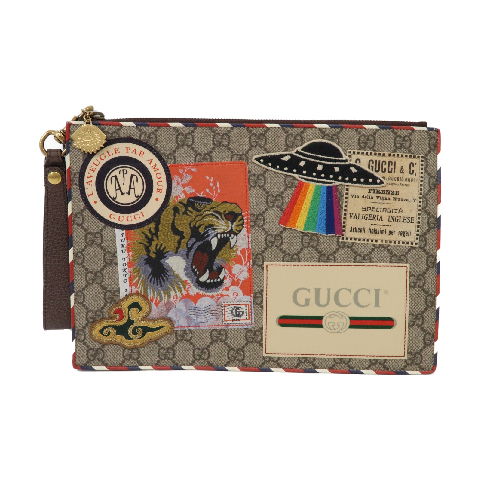 GUCCI 塗層帆布GG Supreme Clutch Bag金扣手拿包啡色