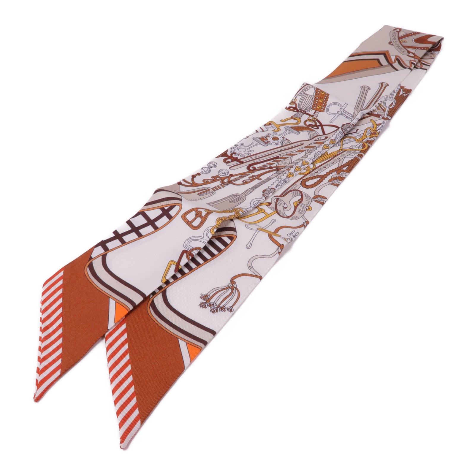 HERMES 絲質Twilly絲巾Blanc/Alezan/Etoupe