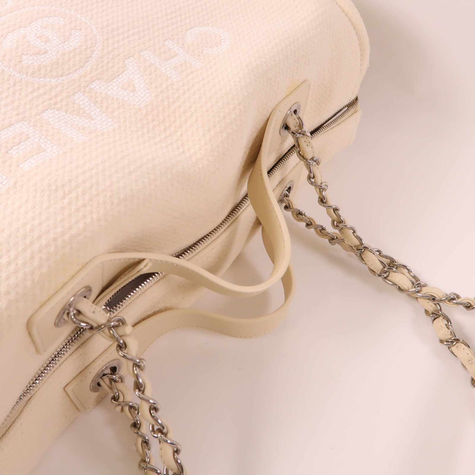CHANEL 帆布Deauville Tote Bag銀扣手挽肩背兩用袋