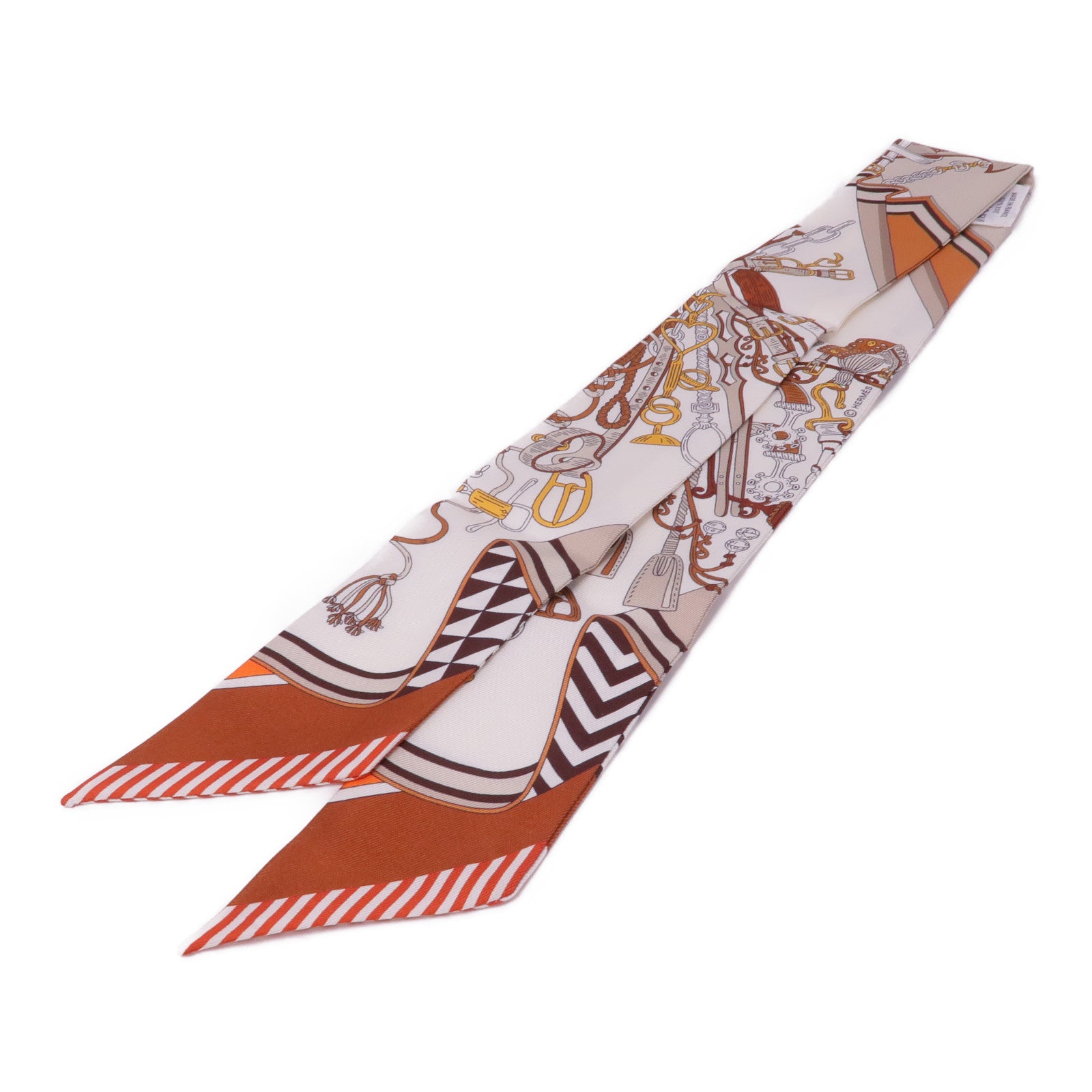 HERMES 絲質Twilly絲巾Blanc/Alezan/Etoupe