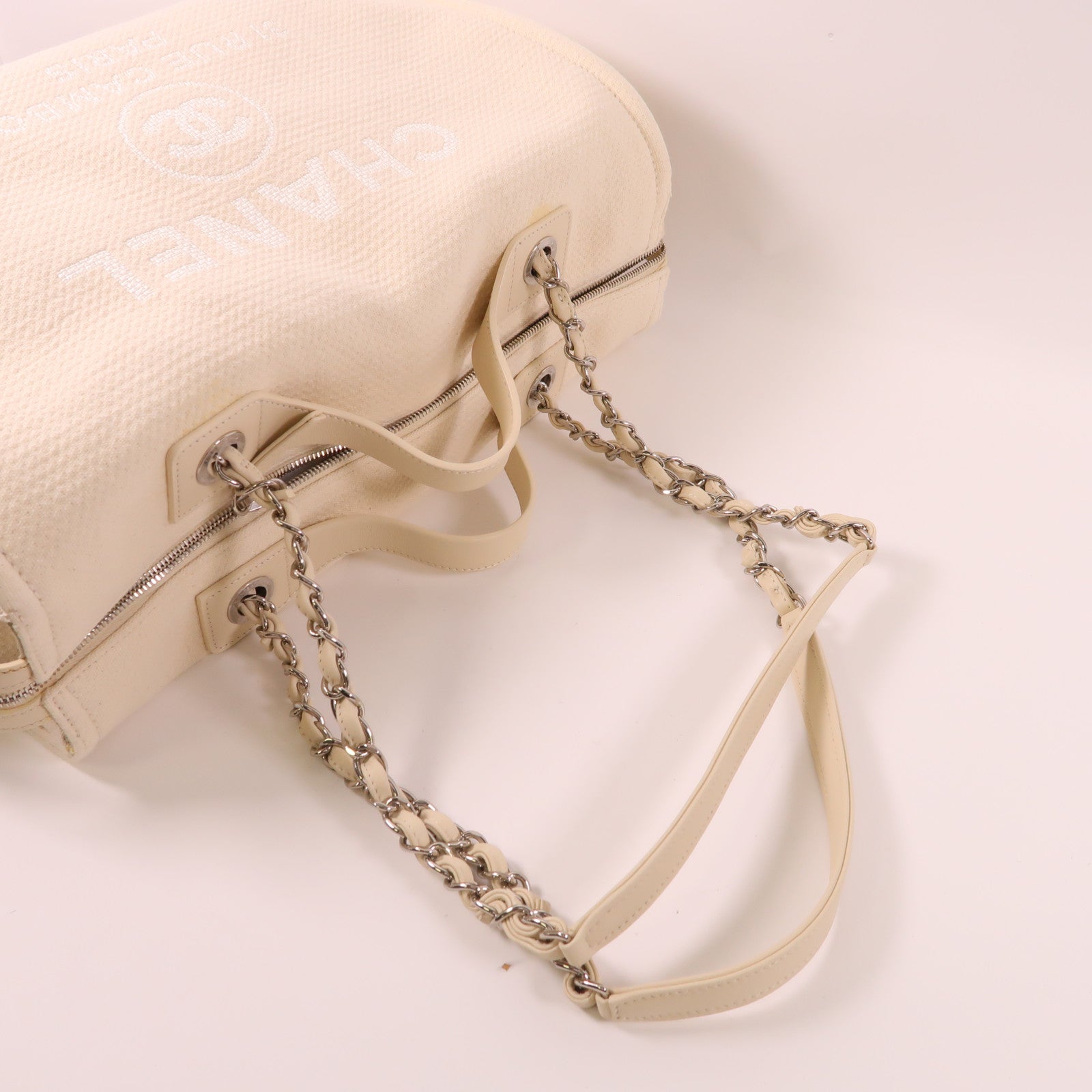 CHANEL 帆布Deauville Tote Bag銀扣手挽肩背兩用袋