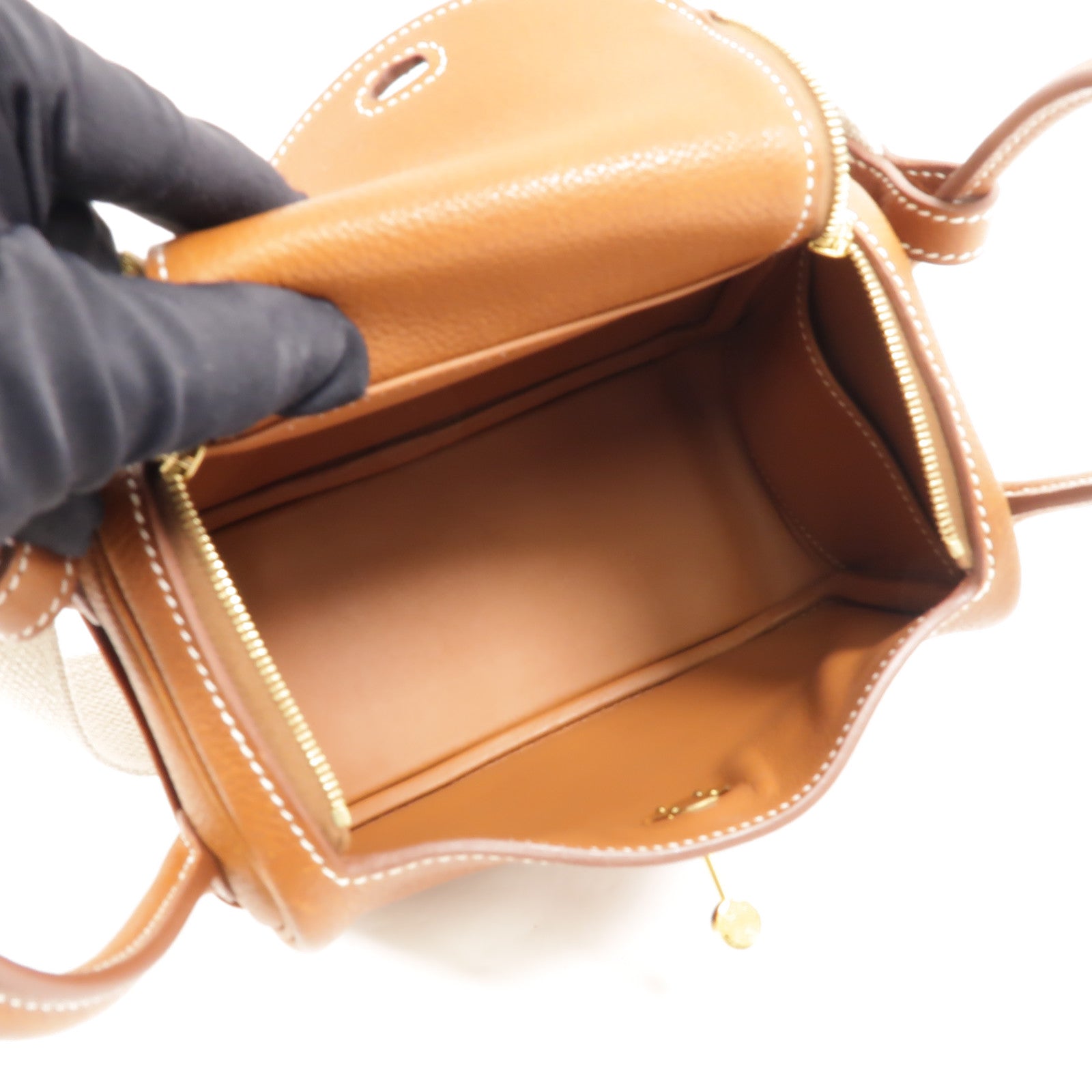HERMES Barenia皮革Mini Lindy金扣手挽肩背兩用袋Fauve