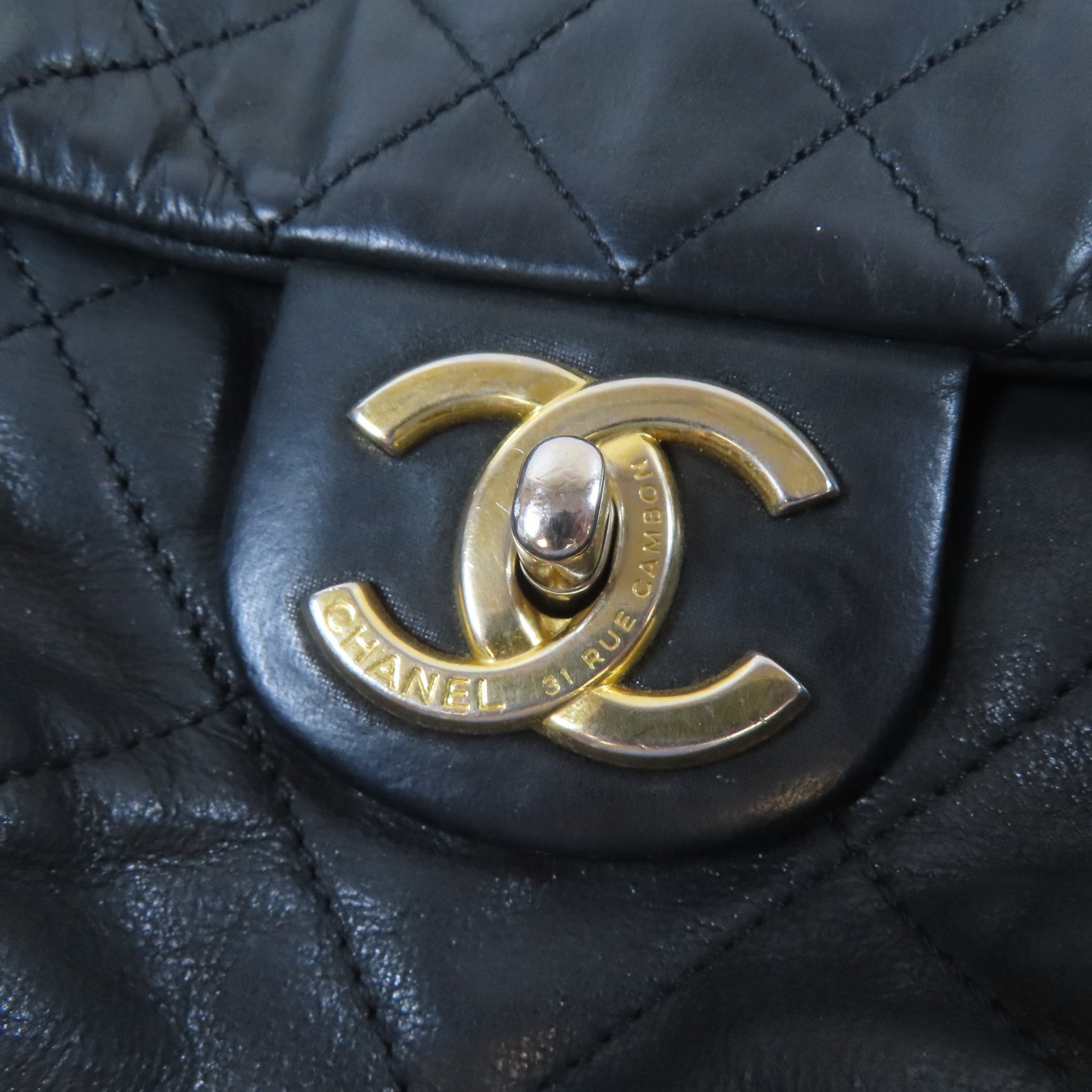 CHANEL 菱格牛皮皮革Chain Shoulder Bag金扣鏈帶肩背袋黑色