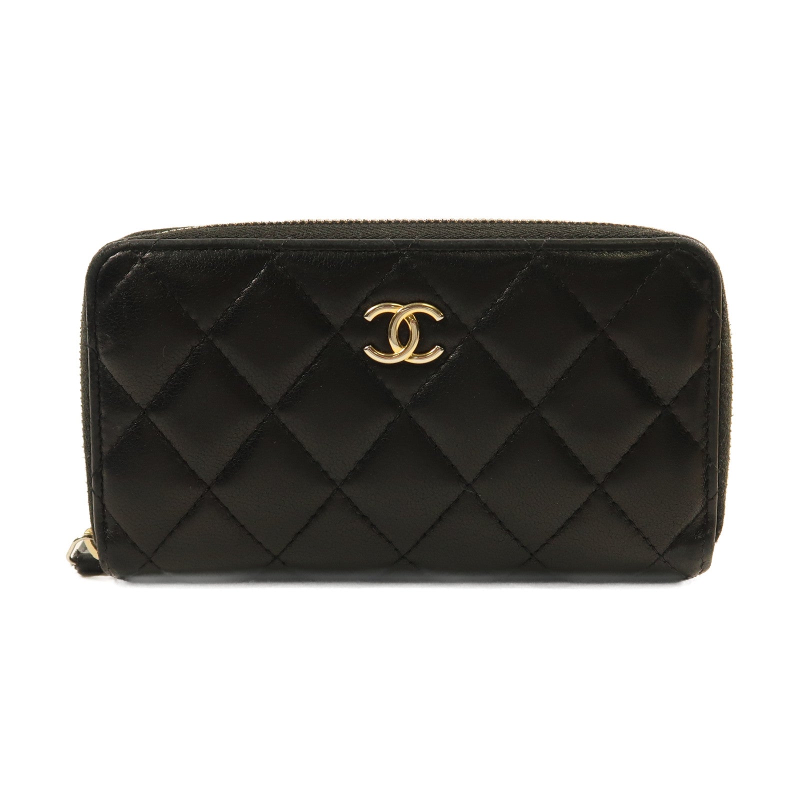 CHANEL 羊皮皮革Pouch Wallet金扣錢包黑色