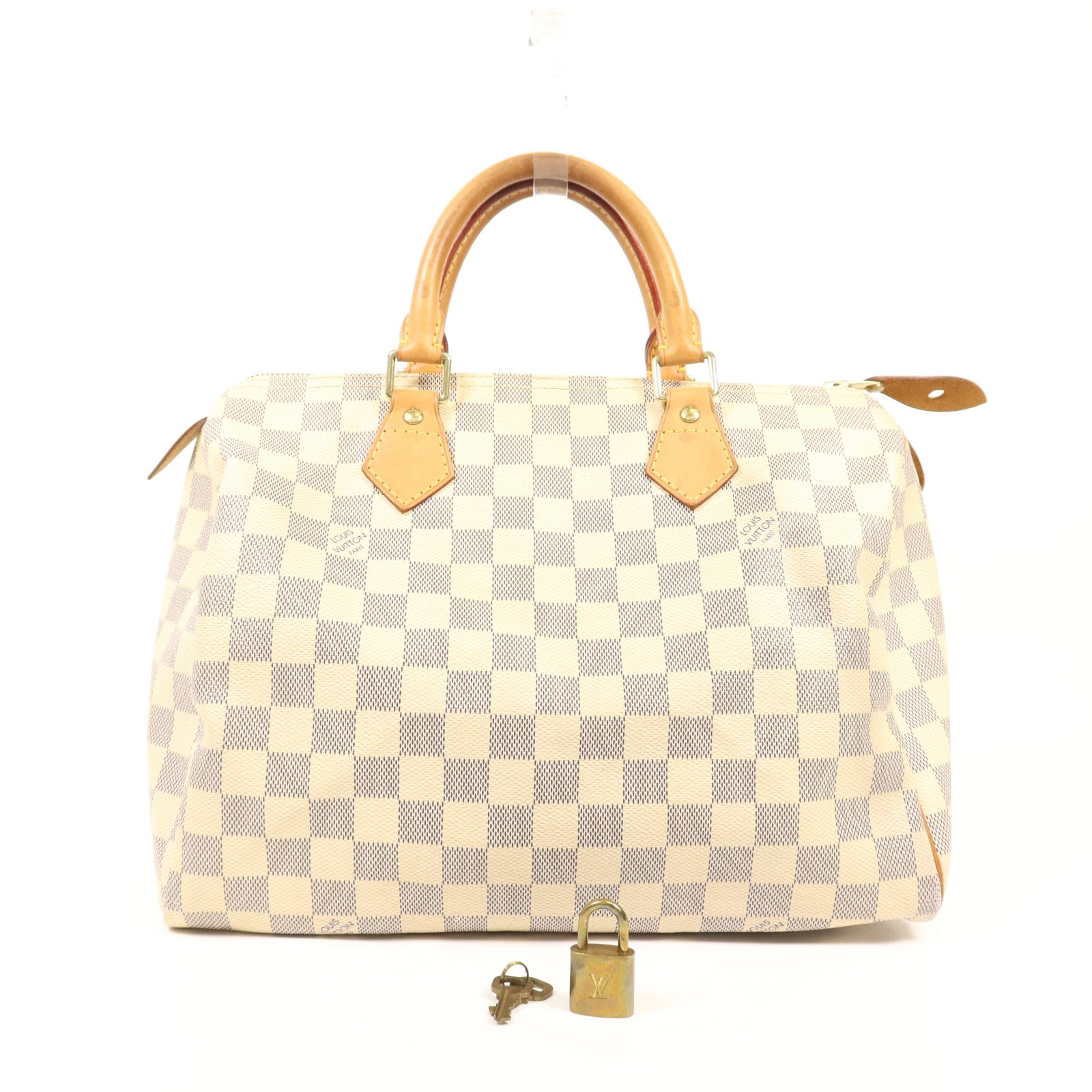 LOUIS VUITTON Damier Azur Speedy 30金扣手挽袋白色