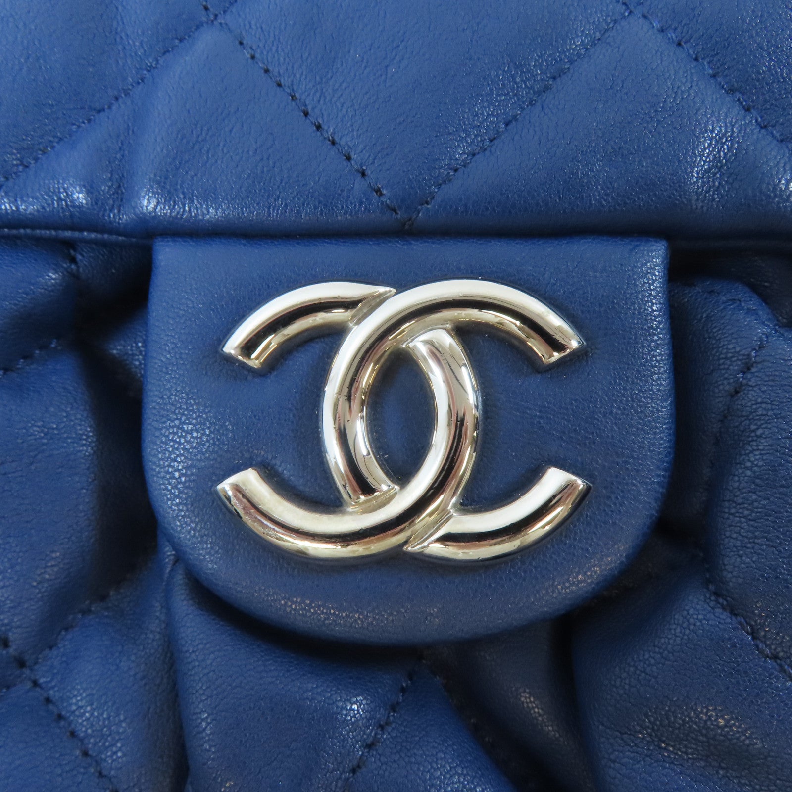 CHANEL 菱格牛皮皮革Chain Shoulder銀扣鏈帶肩背袋藍色