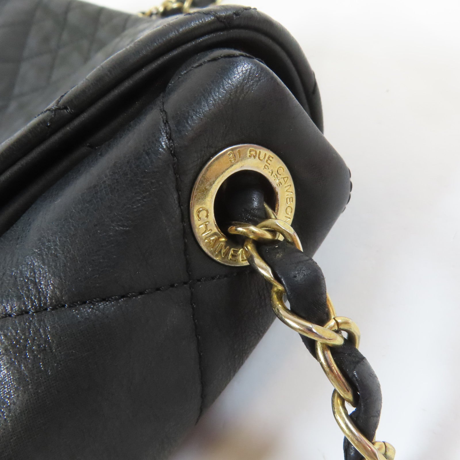 CHANEL 菱格牛皮皮革Chain Shoulder Bag金扣鏈帶肩背袋黑色