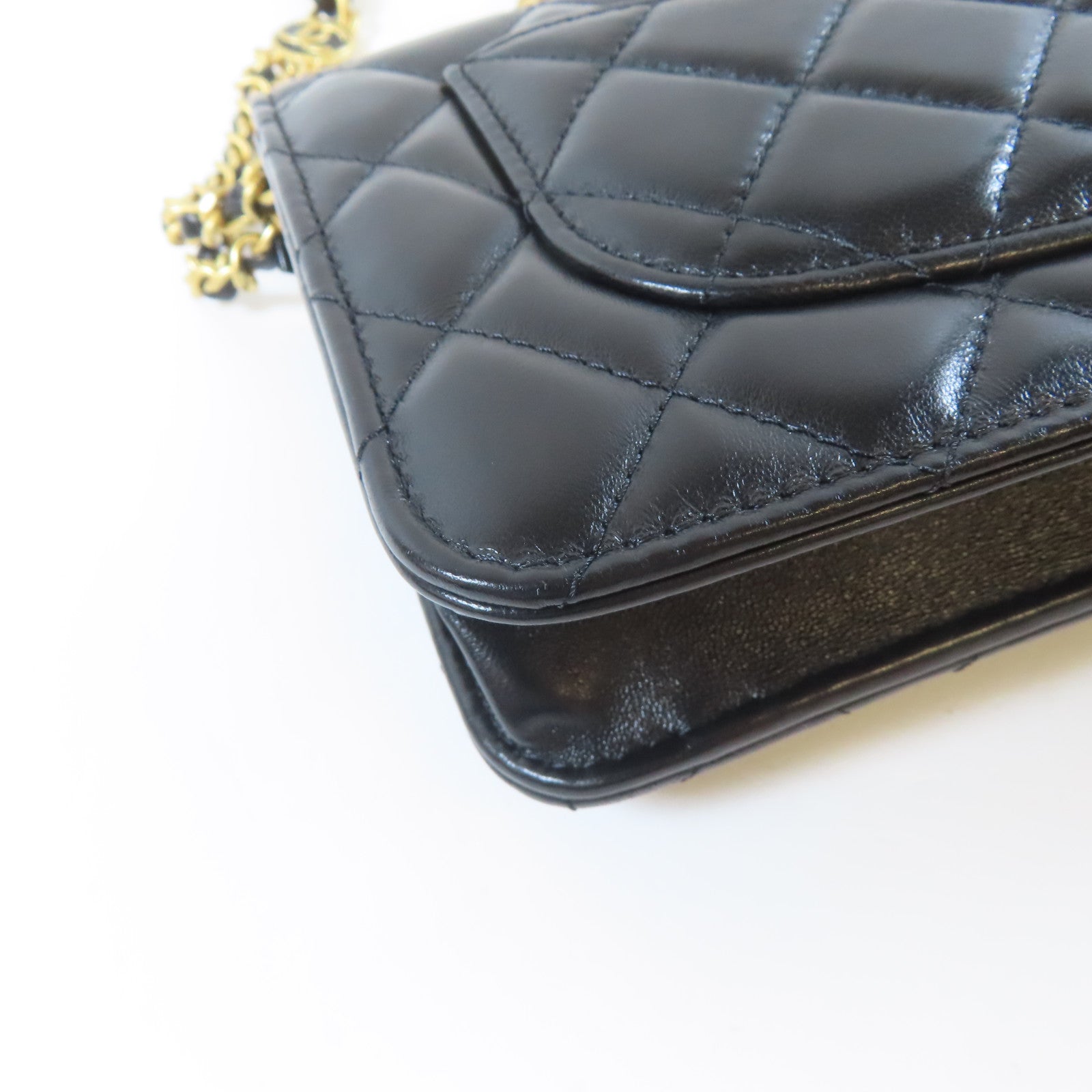 CHANEL 菱格羊皮皮革Wallet On Chain金扣鏈帶肩背袋黑色