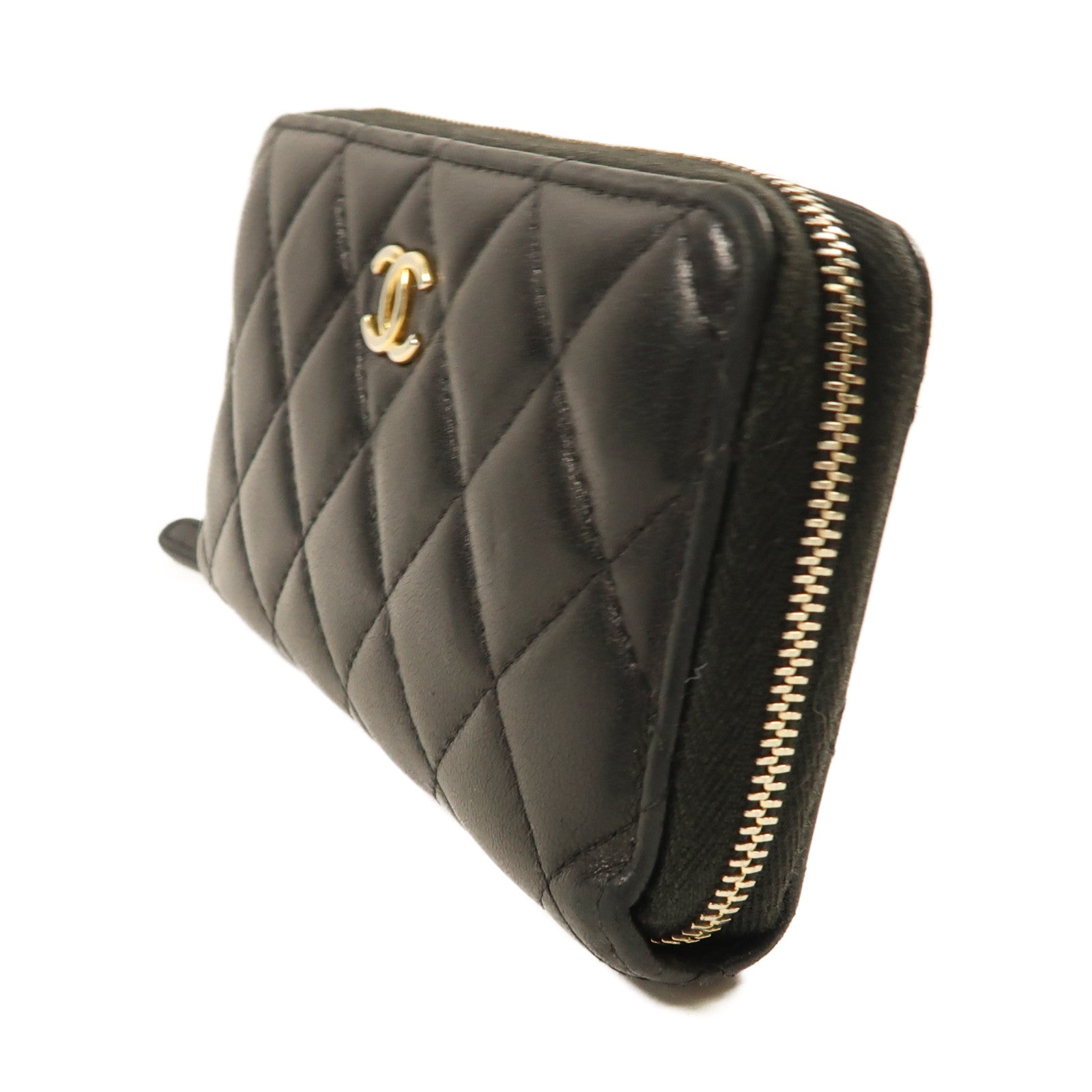 CHANEL 羊皮皮革Pouch Wallet金扣錢包黑色