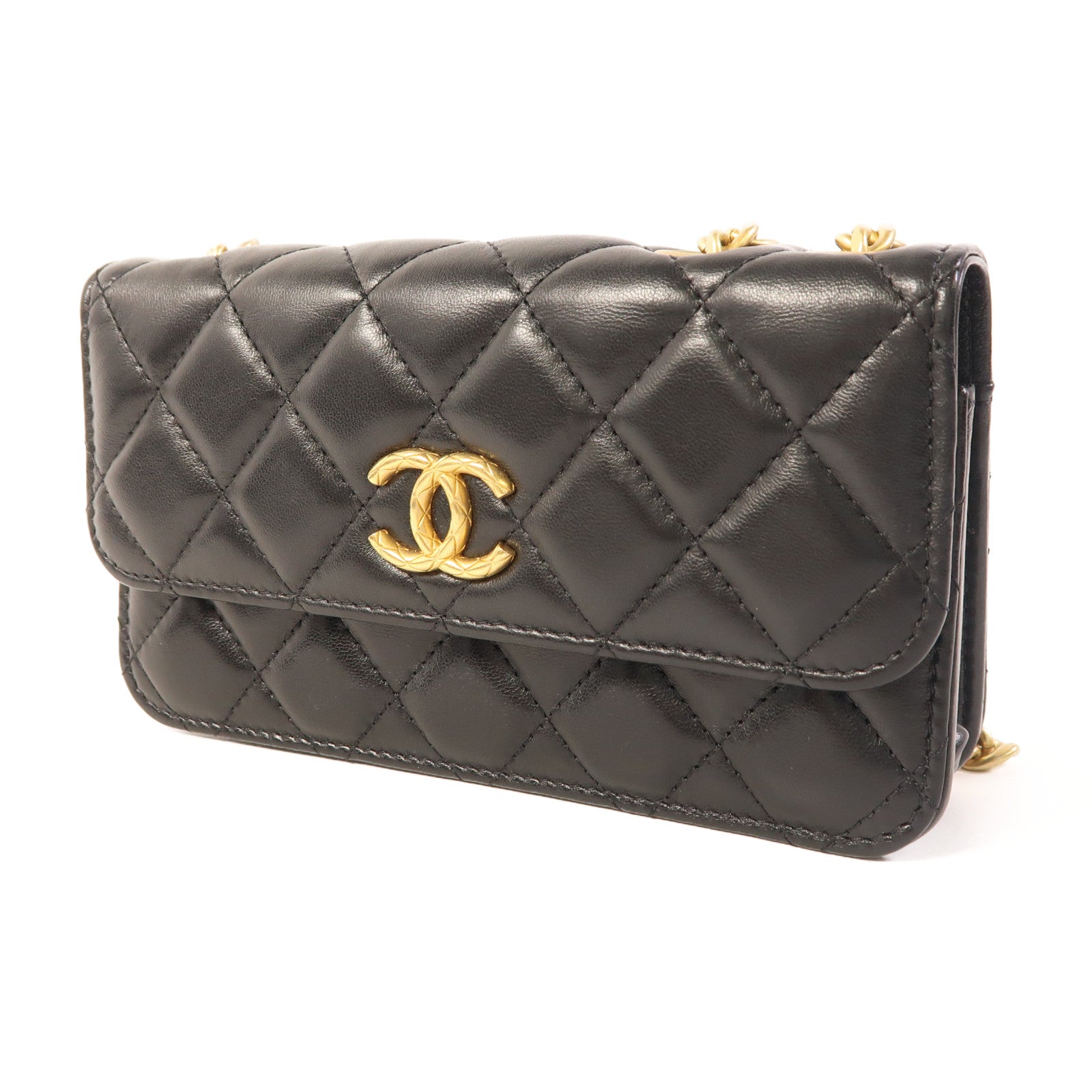 CHANEL 羊皮皮革Flap Phone Holder金扣鏈帶肩背袋