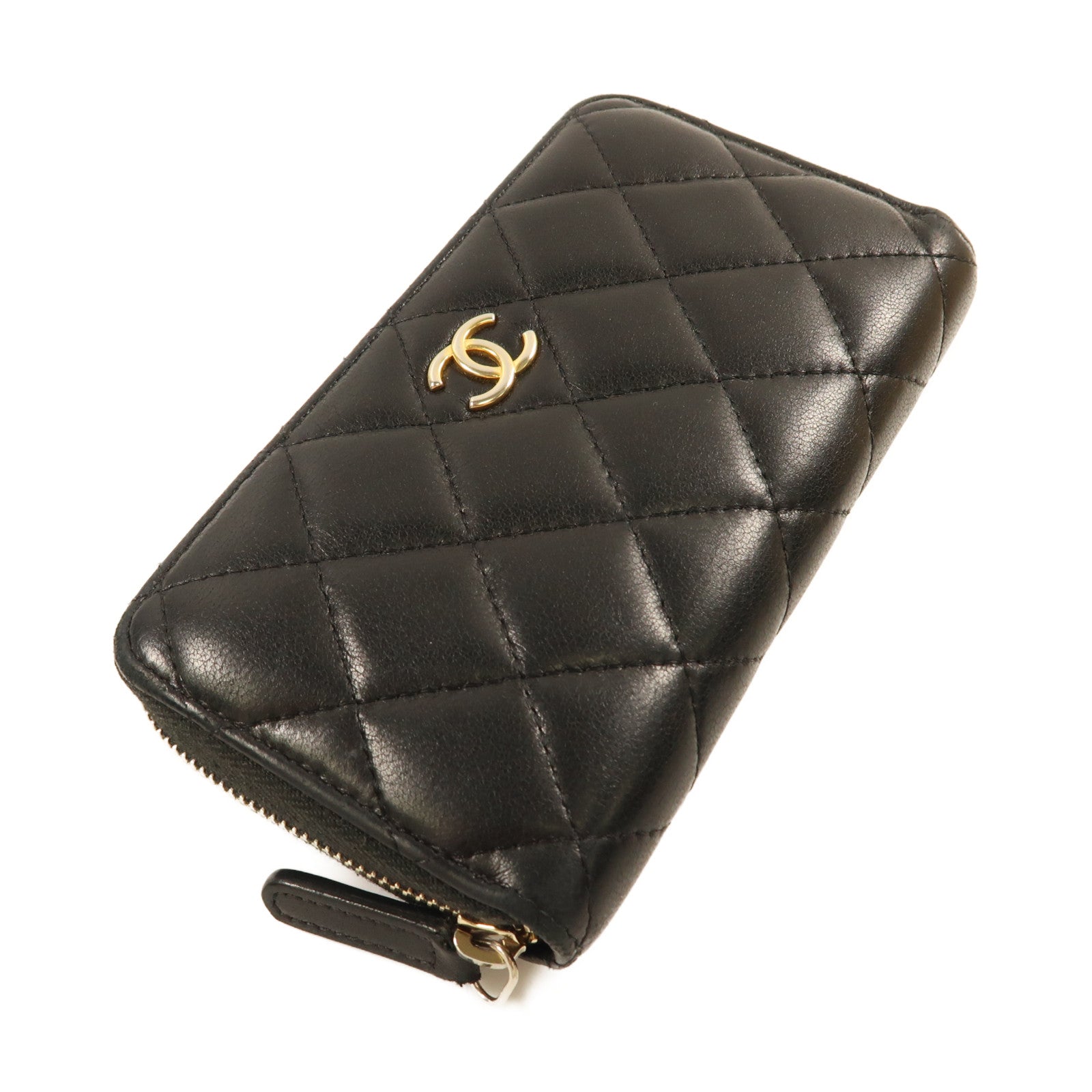CHANEL 羊皮皮革Pouch Wallet金扣錢包黑色