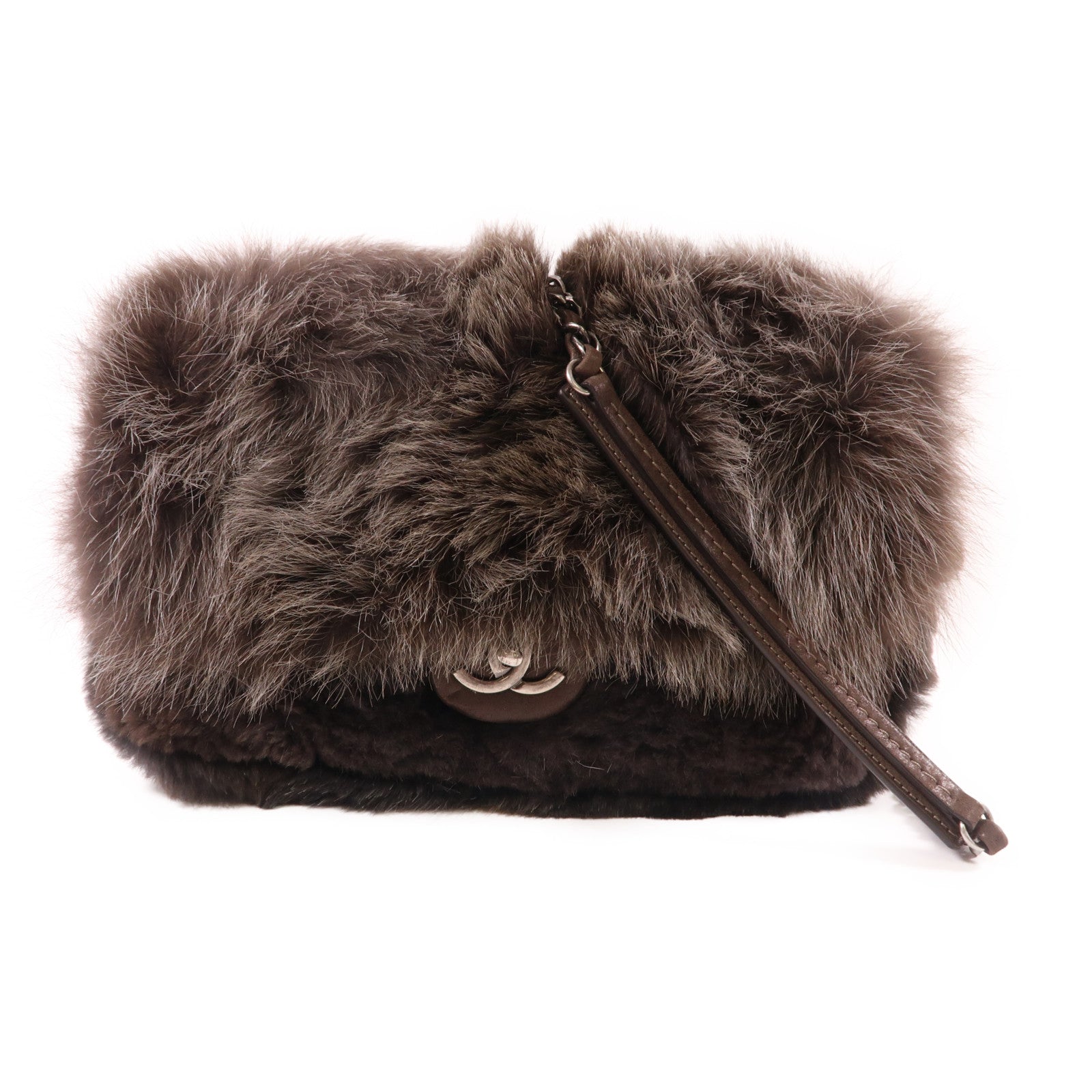 CHANEL 毛皮Fur CC Flap銀扣肩背袋灰色