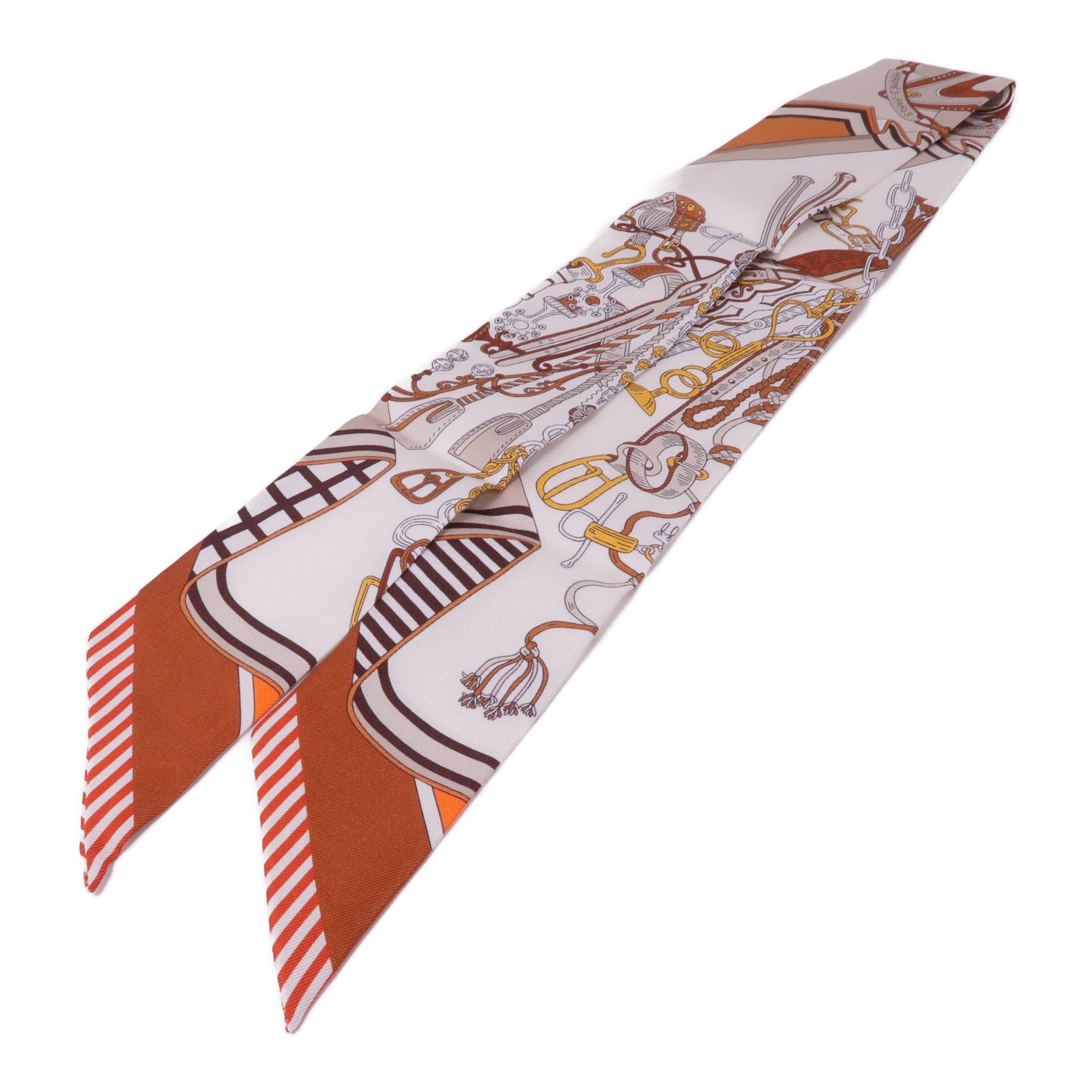 HERMES 絲質Twilly絲巾Blanc/Alezan/Etoupe