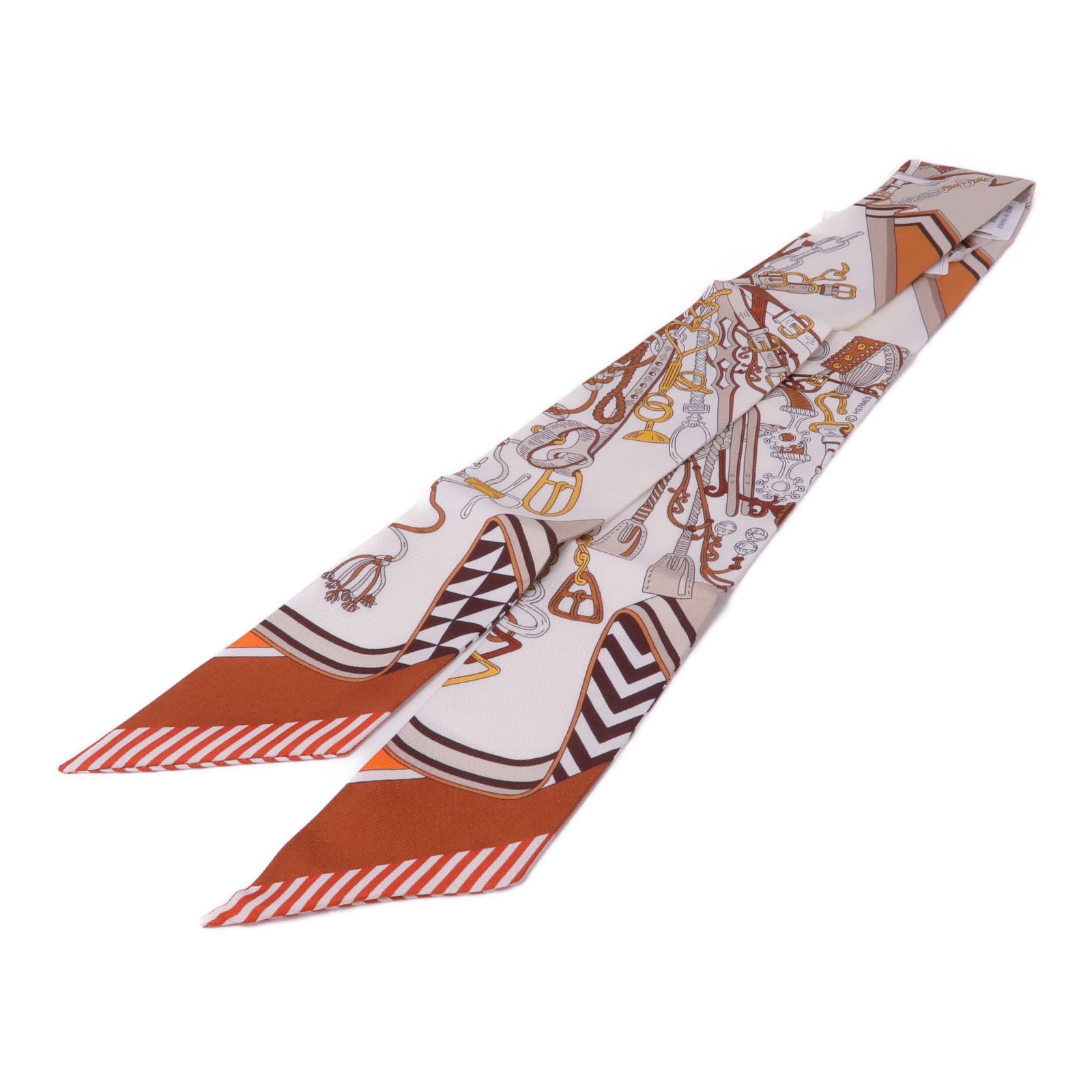 HERMES 絲質Twilly絲巾Blanc/Alezan/Etoupe