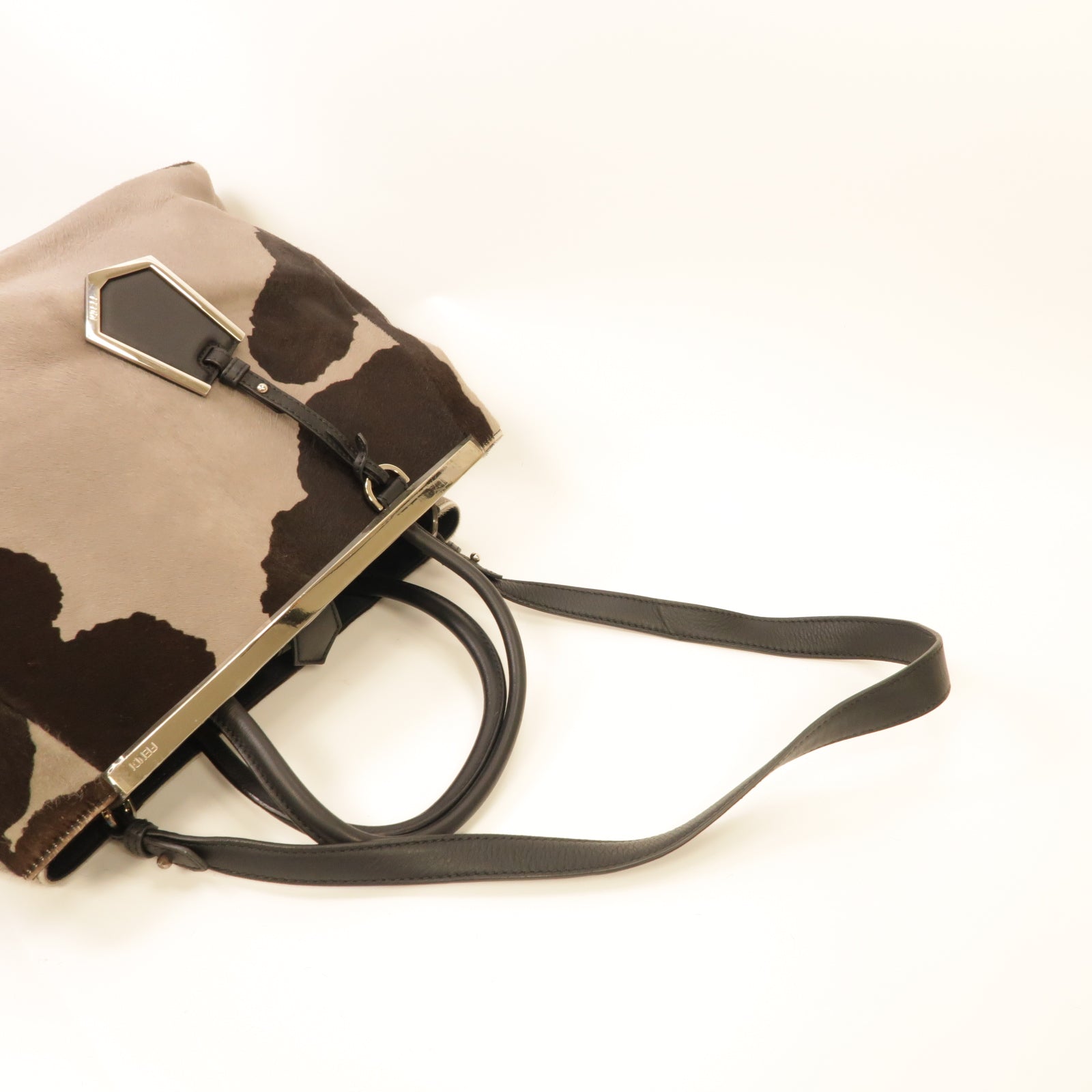 FENDI 【激減優惠】皮革2way Shoulder Bag銀扣手挽肩背兩用袋灰色/棕色
