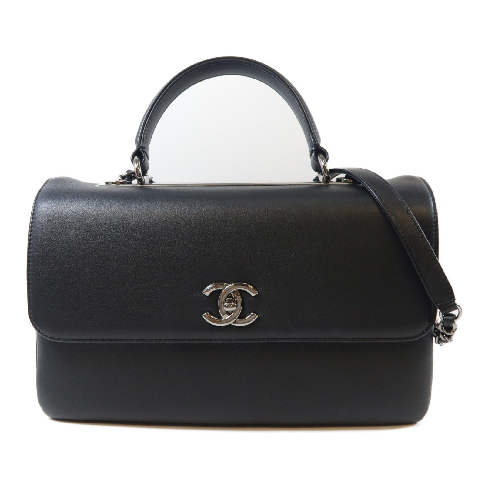 CHANEL 牛皮皮革Chain Shoulder Bag銀扣手挽肩背兩用袋黑色