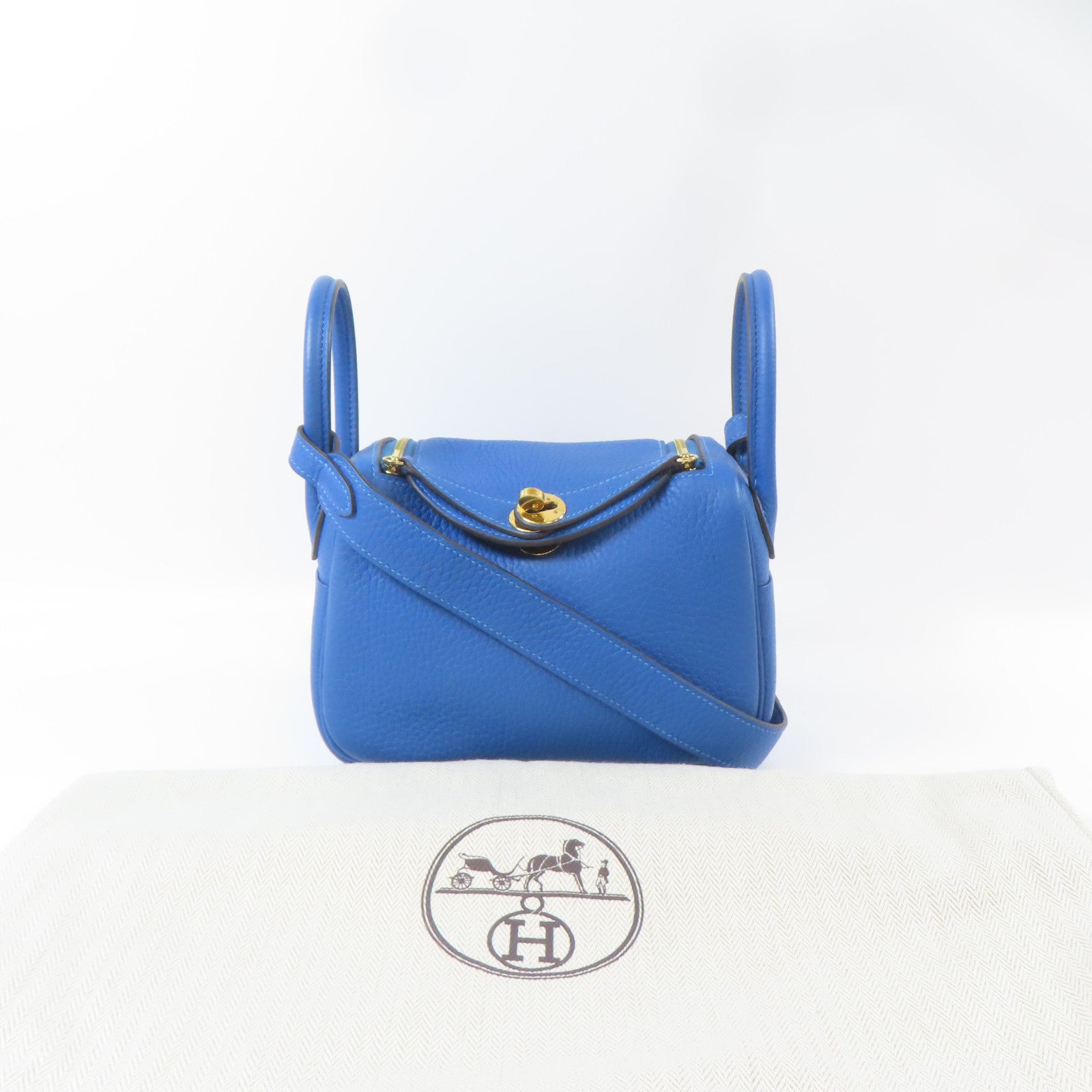 HERMES Clemence皮革Mini Lindy金扣手挽肩背兩用袋Mykonos/藍色