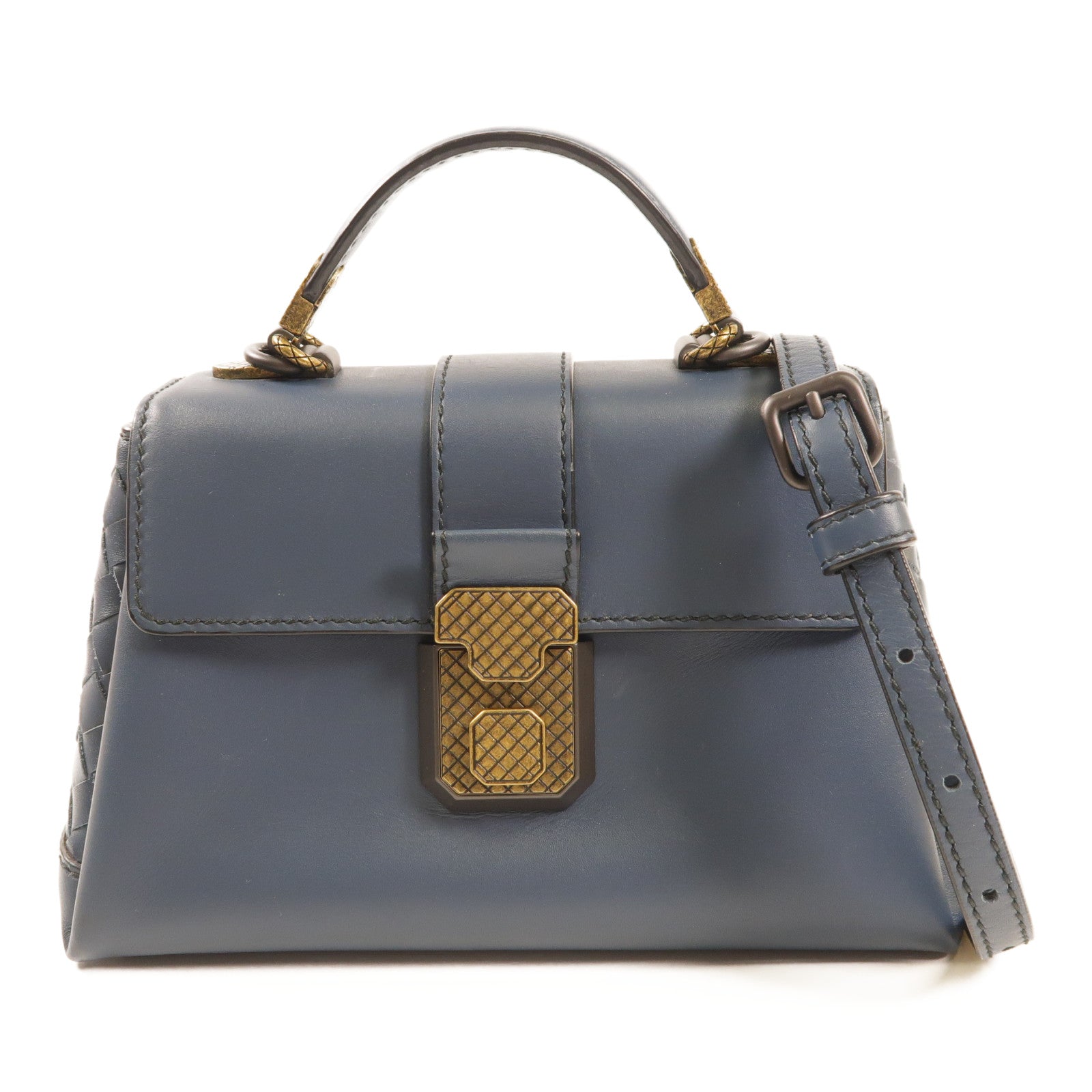 BOTTEGA VENETA 牛皮皮革Piazza Small金扣手挽肩背袋兩用袋灰藍色