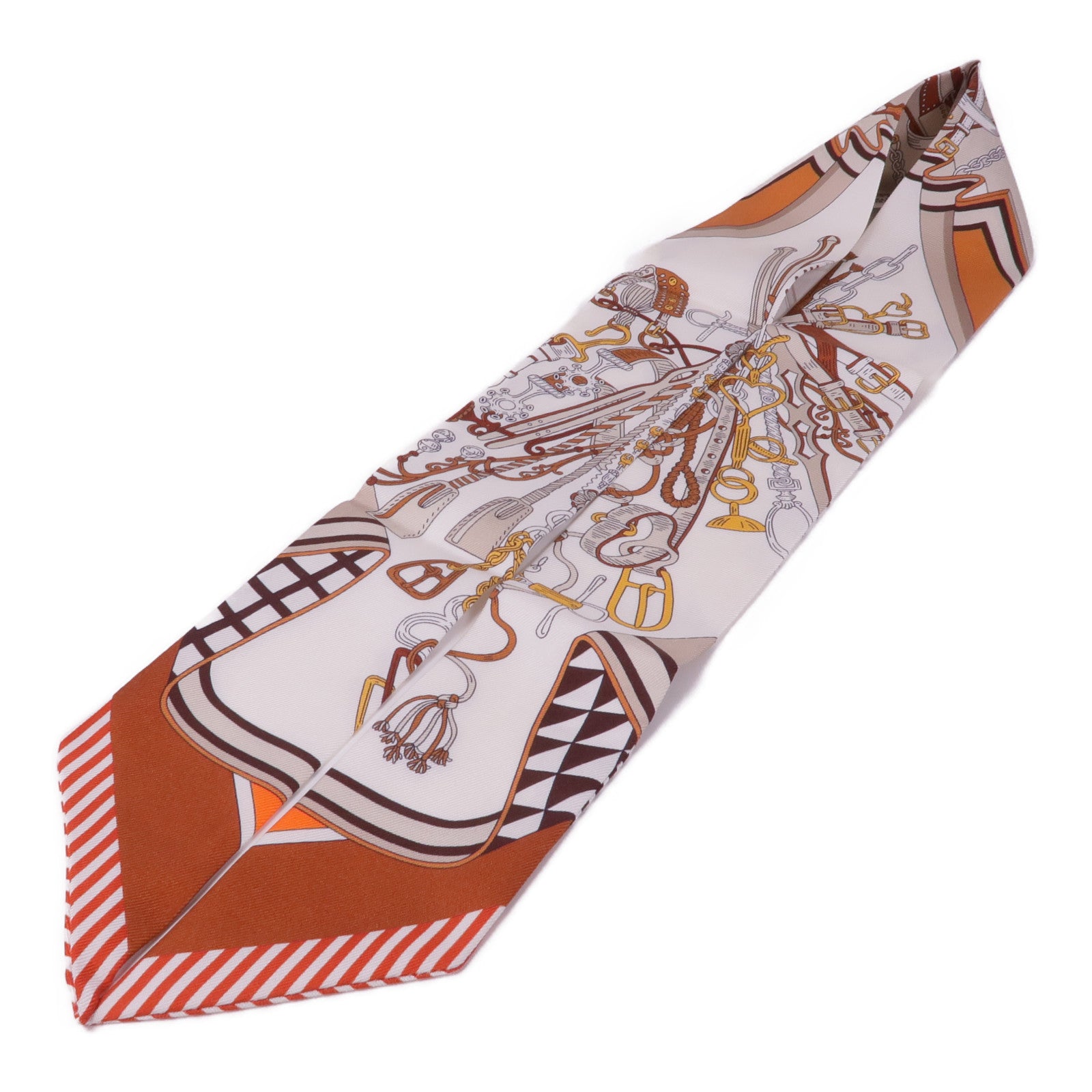 HERMES 絲質Twilly絲巾Blanc/Alezan/Etoupe