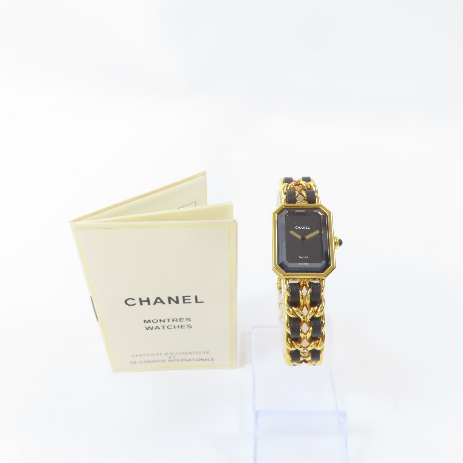 CHANEL Premiere L 18K鍍黃金/皮革手錶石英機芯黑色#16.25cm