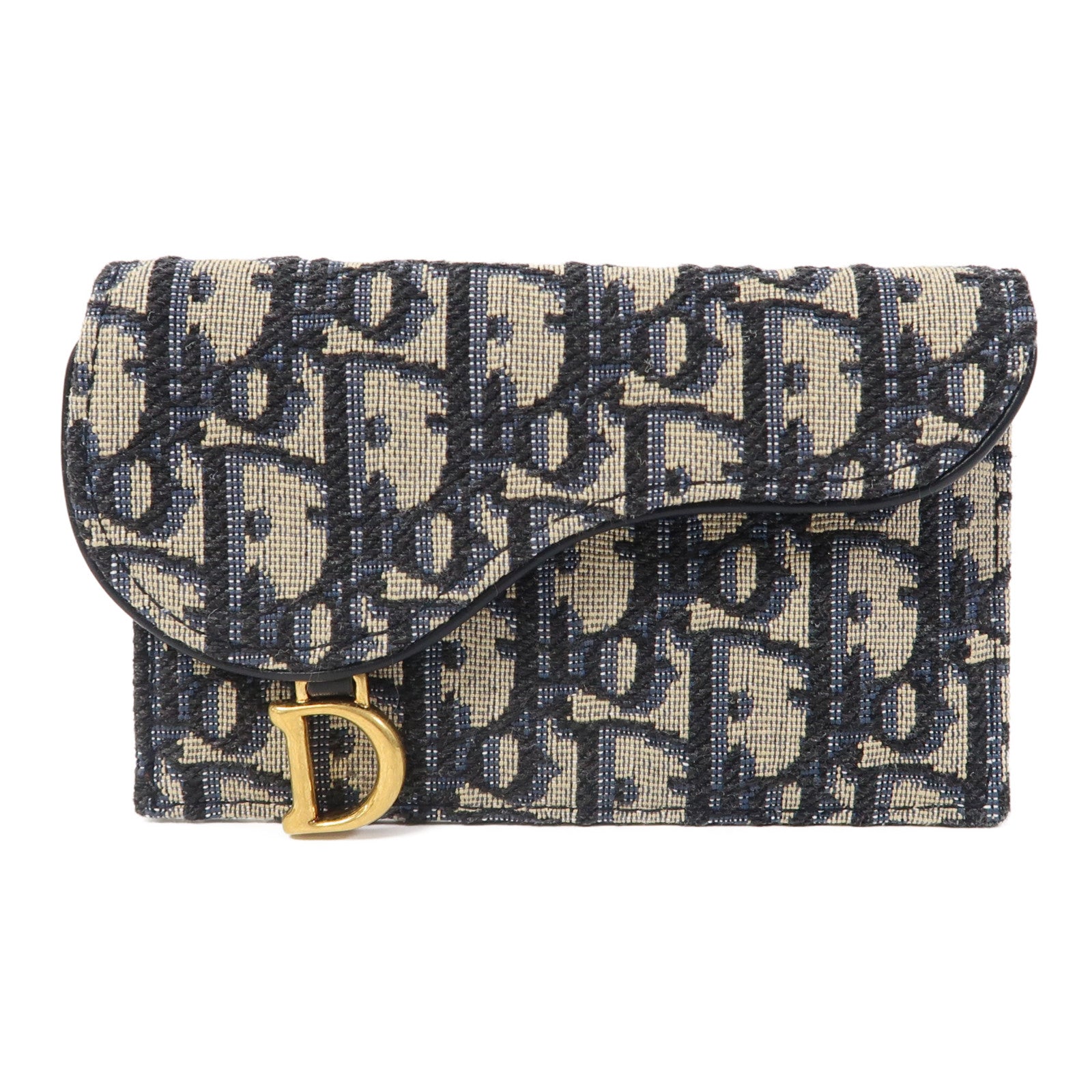 Dior 帆布Saddle Flap Compact Zipped Card Holder金扣卡片套米色/藍色