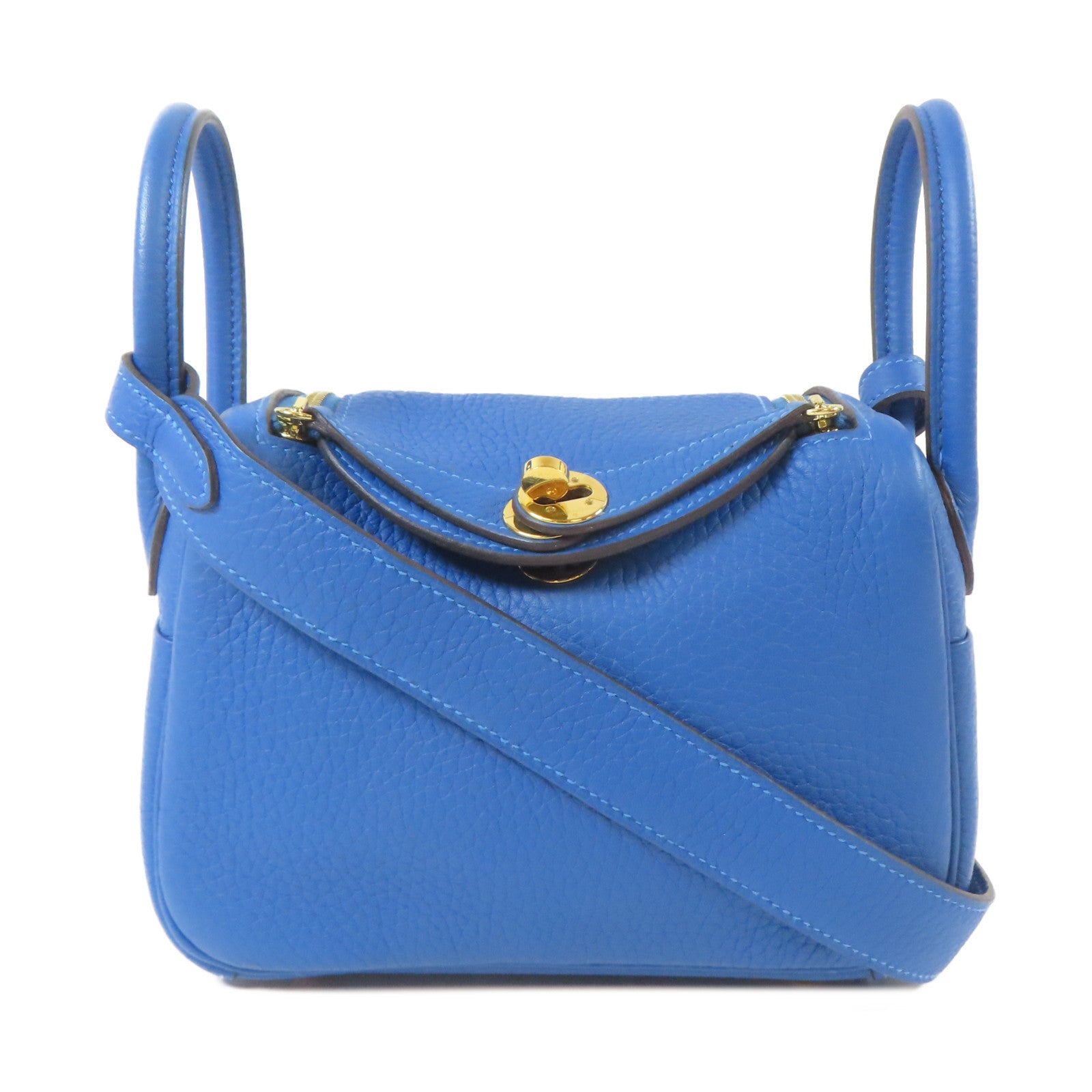 HERMES Clemence皮革Mini Lindy金扣手挽肩背兩用袋Mykonos/藍色