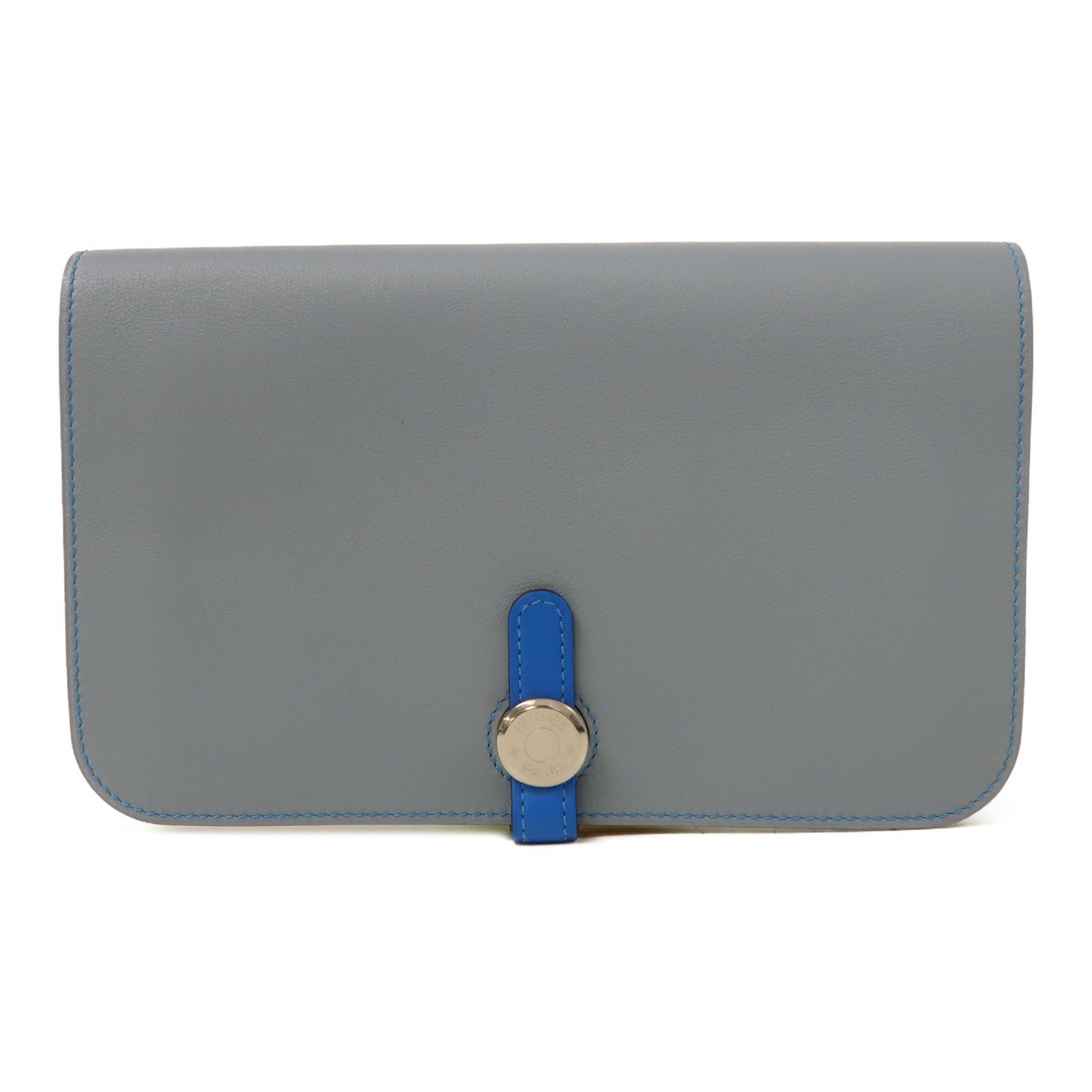 HERMES Swift皮革Dogon GM銀扣長錢包Grey/LightBlue