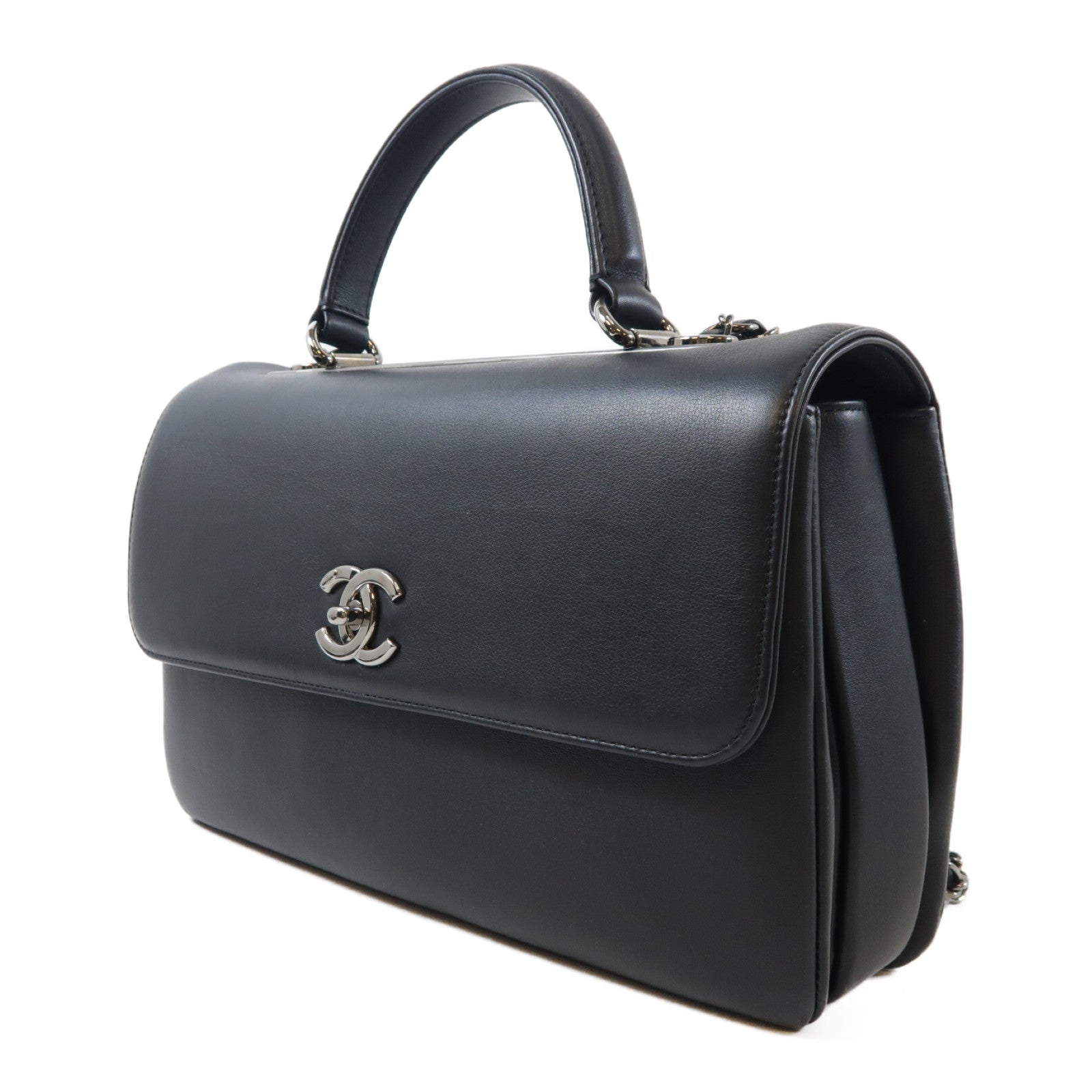 CHANEL 牛皮皮革Chain Shoulder Bag銀扣手挽肩背兩用袋黑色