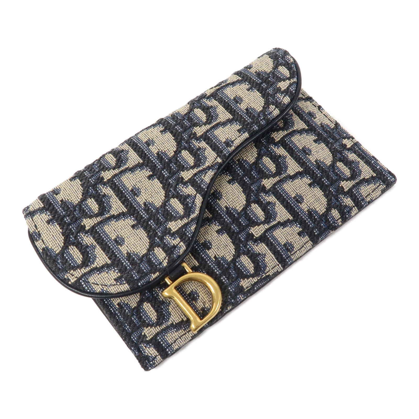 Dior 帆布Saddle Flap Compact Zipped Card Holder金扣卡片套米色/藍色