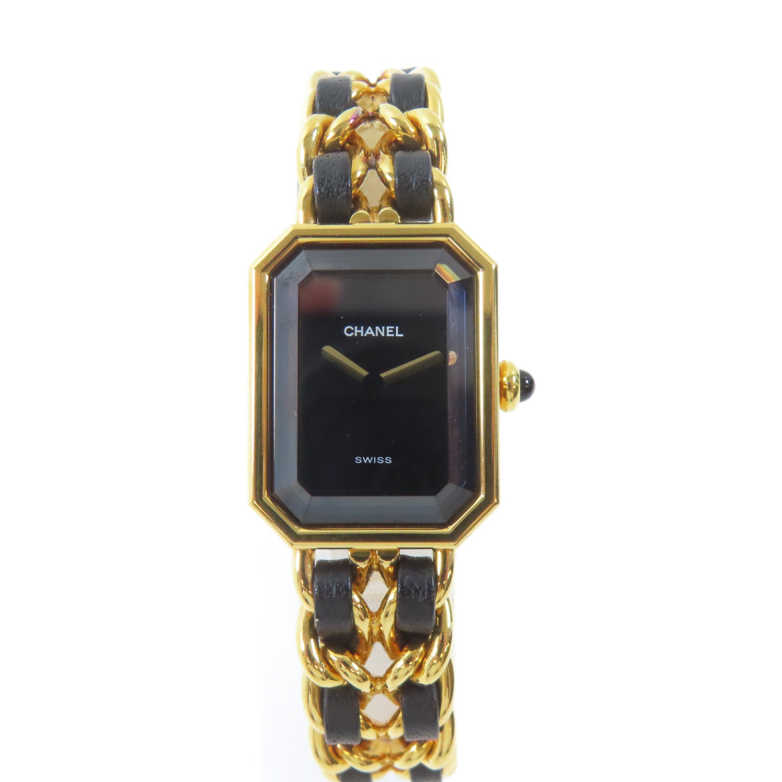 CHANEL Premiere L 18K鍍黃金/皮革手錶石英機芯黑色#16.25cm