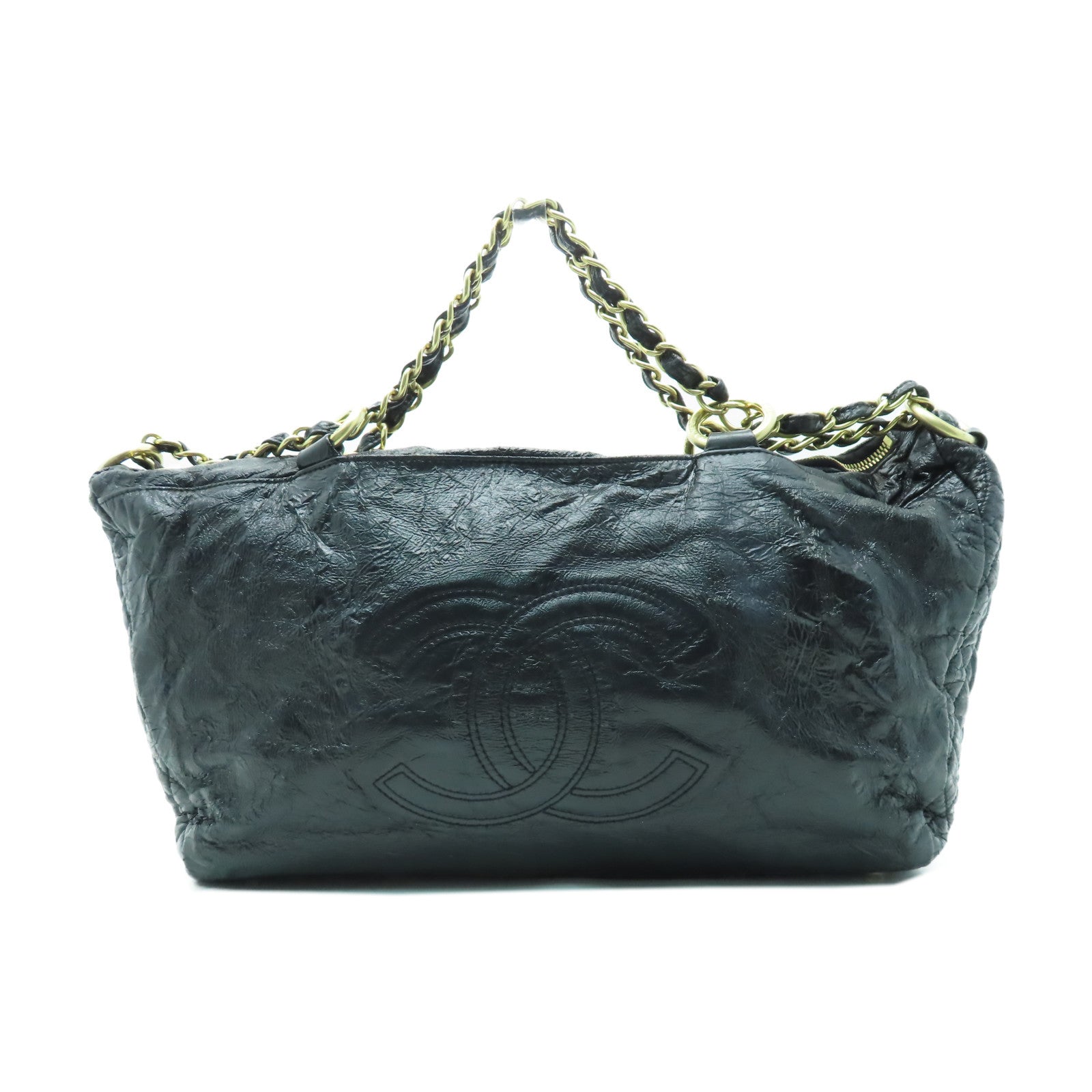 CHANEL 【清倉大減價】漆皮皮革Chain Shoulder金扣鏈帶肩背袋黑色