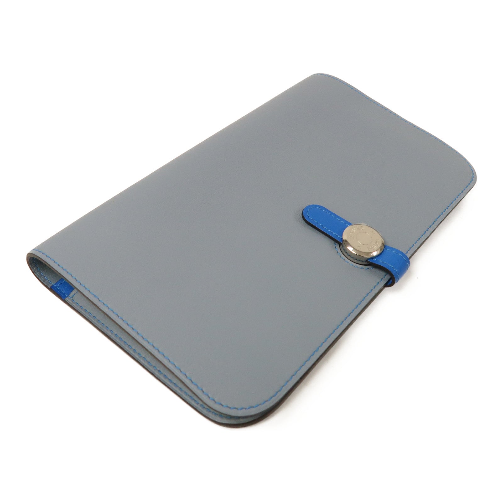 HERMES Swift皮革Dogon GM銀扣長錢包Grey/LightBlue